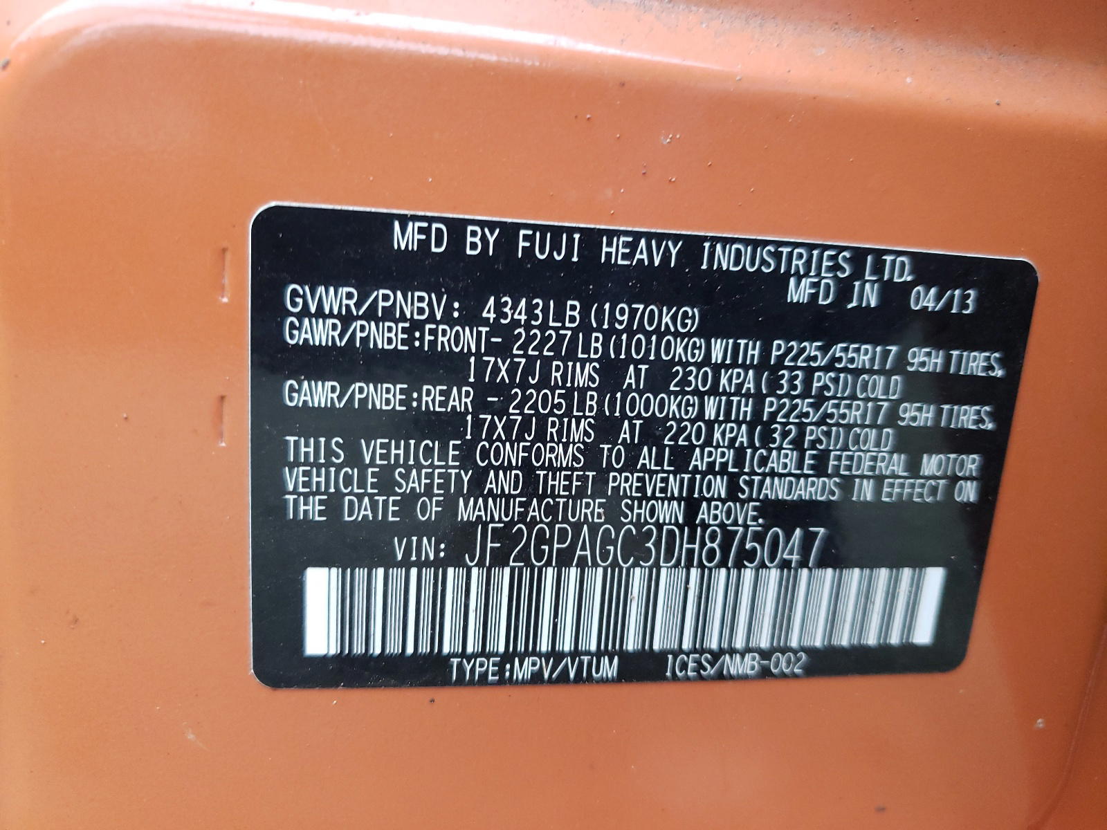 Photo 10 from auction – 2013 SUBARU XV CROSSTR with VIN JF2GPAGC3DH875047