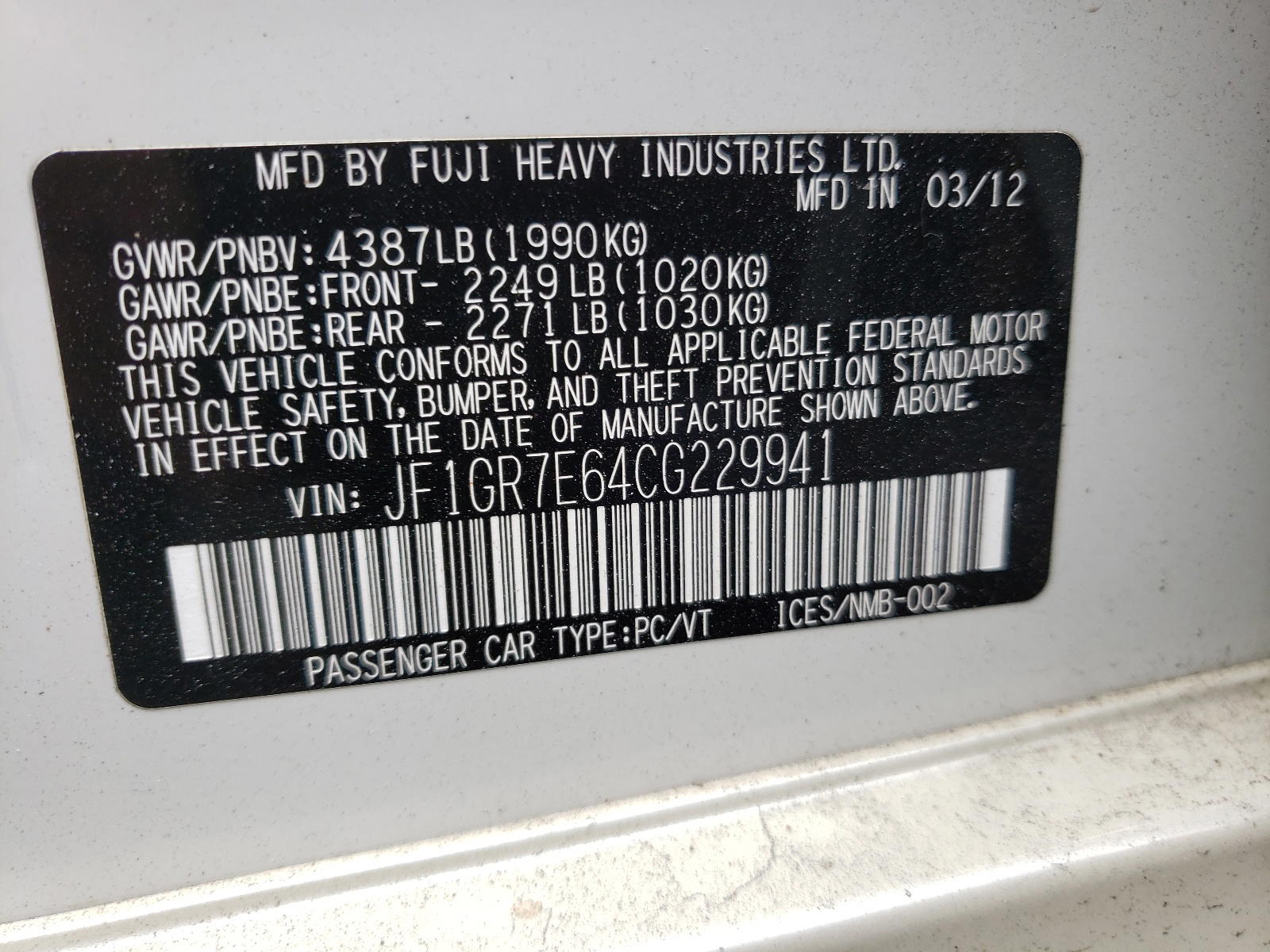 Photo 10 from auction – 2012 SUBARU IMPREZA WR with VIN JF1GR7E64CG229941