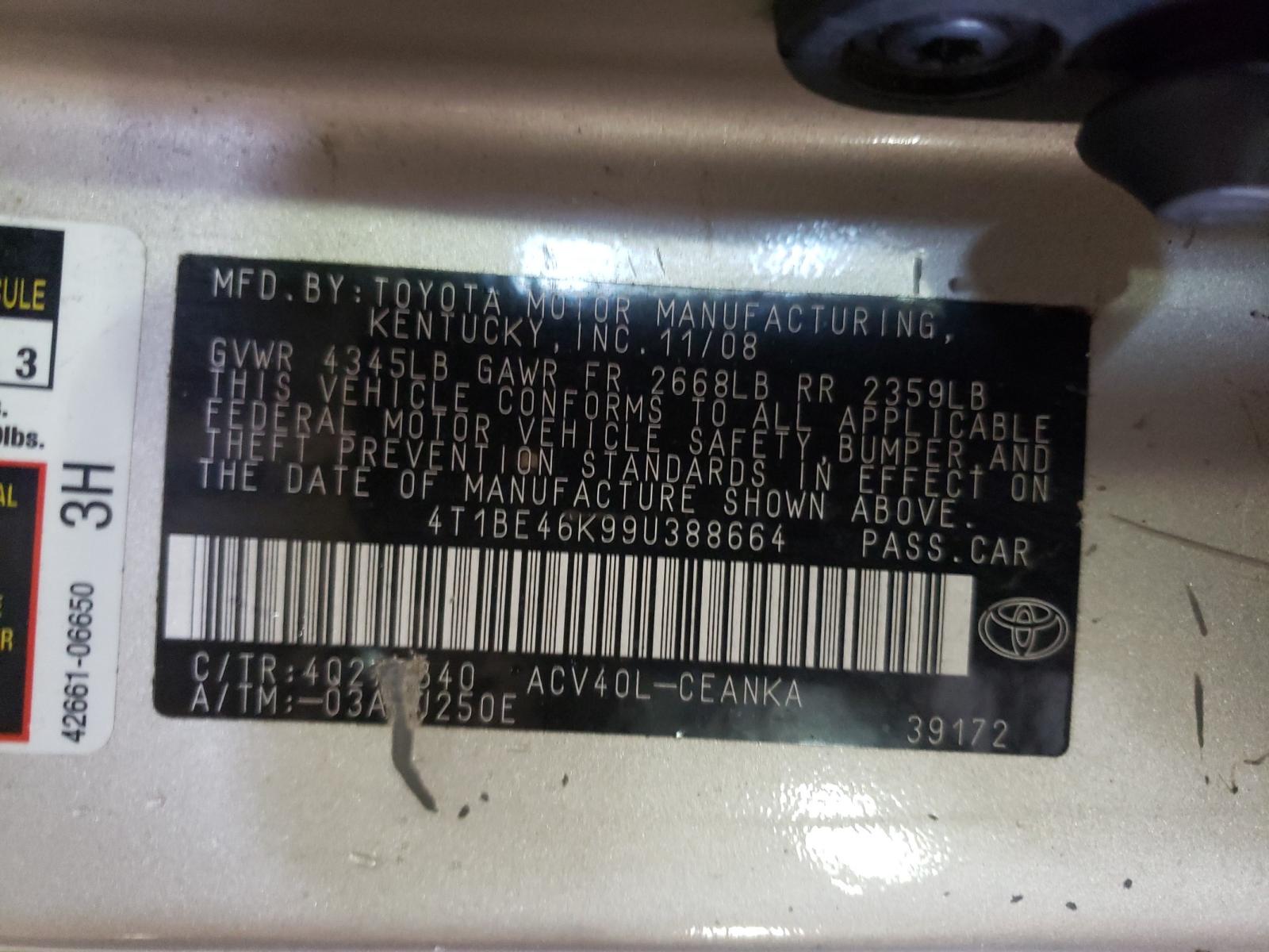Photo 10 from auction – 2009 TOYOTA CAMRY BASE with VIN 4T1BE46K99U388664