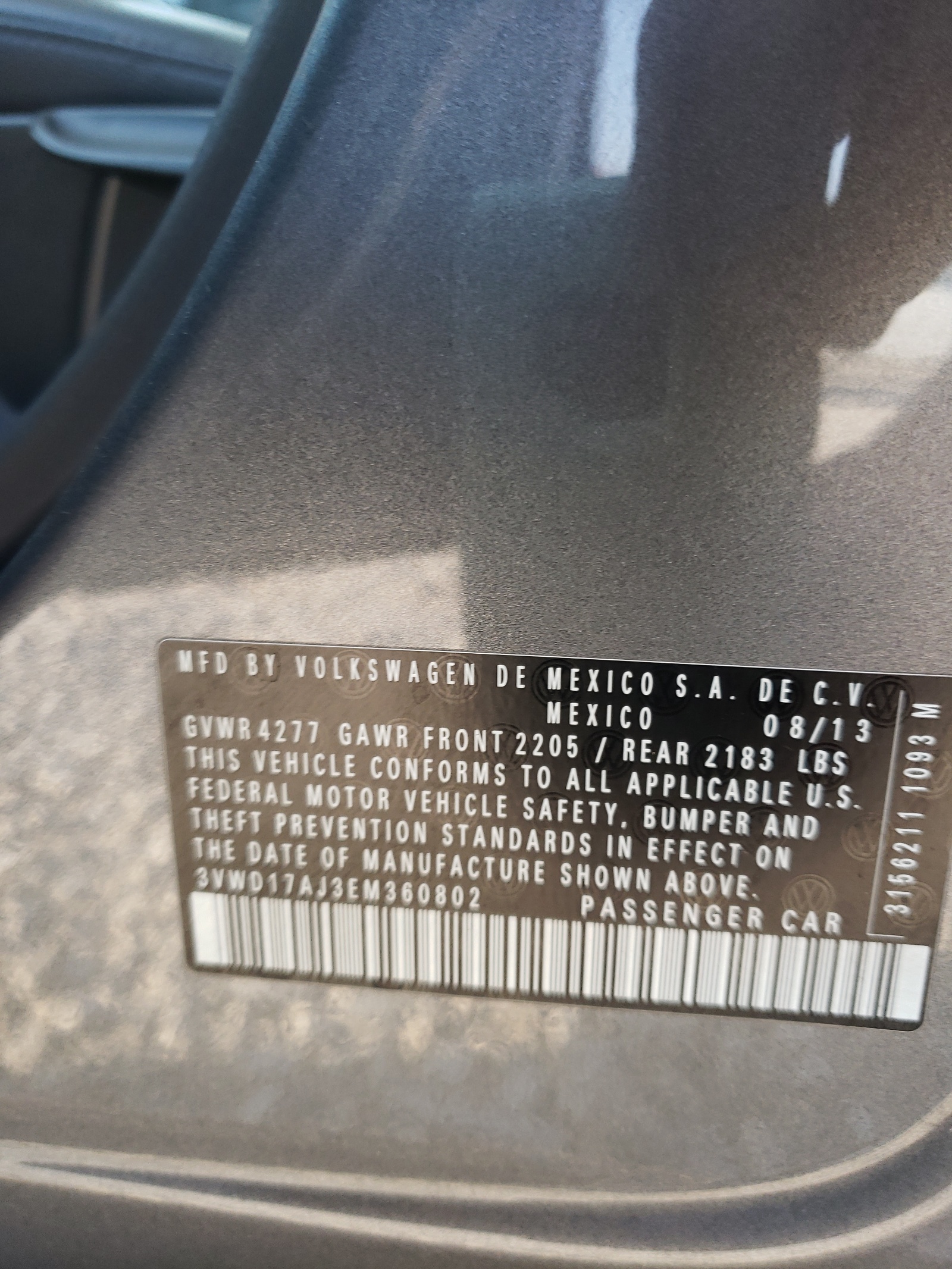 Photo 10 from auction – 2014 VOLKSWAGEN JETTA SE with VIN 3VWD17AJ3EM360802