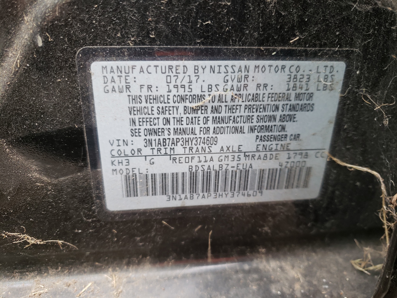 Photo 10 from auction – 2017 NISSAN SENTRA S with VIN 3N1AB7AP3HY374609