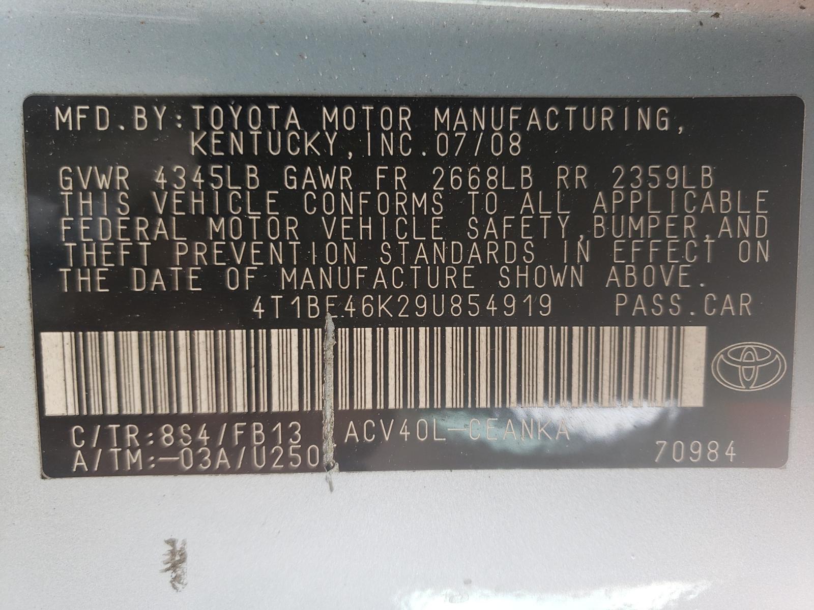 Photo 10 from auction – 2009 TOYOTA CAMRY BASE with VIN 4T1BE46K29U854919