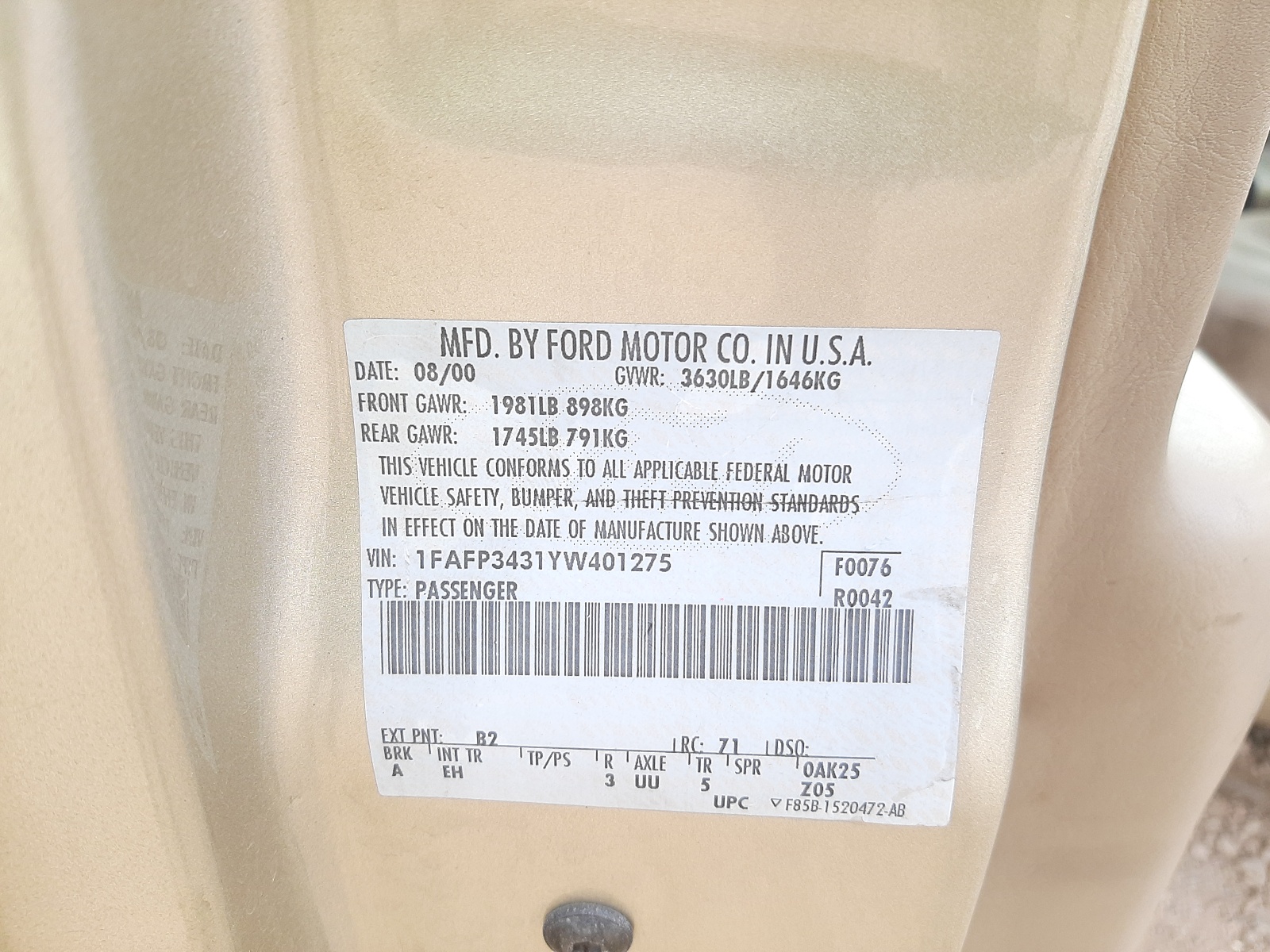 صورة رقم 10 من المزاد - 2000 FORD FOCUS SE مع VIN 1FAFP3431YW401275