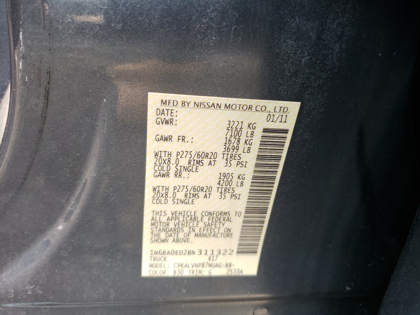 Photo 10 from auction – 2011 NISSAN TITAN S with VIN 1N6BA0ED2BN311322