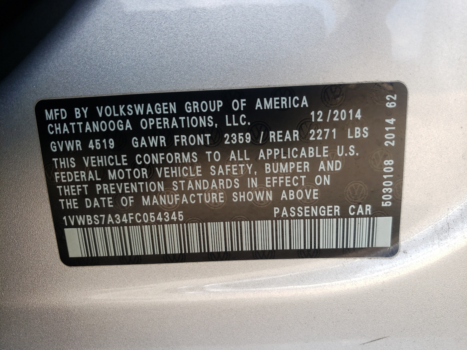 Photo 10 from auction – 2015 VOLKSWAGEN PASSAT SE with VIN 1VWBS7A34FC054345