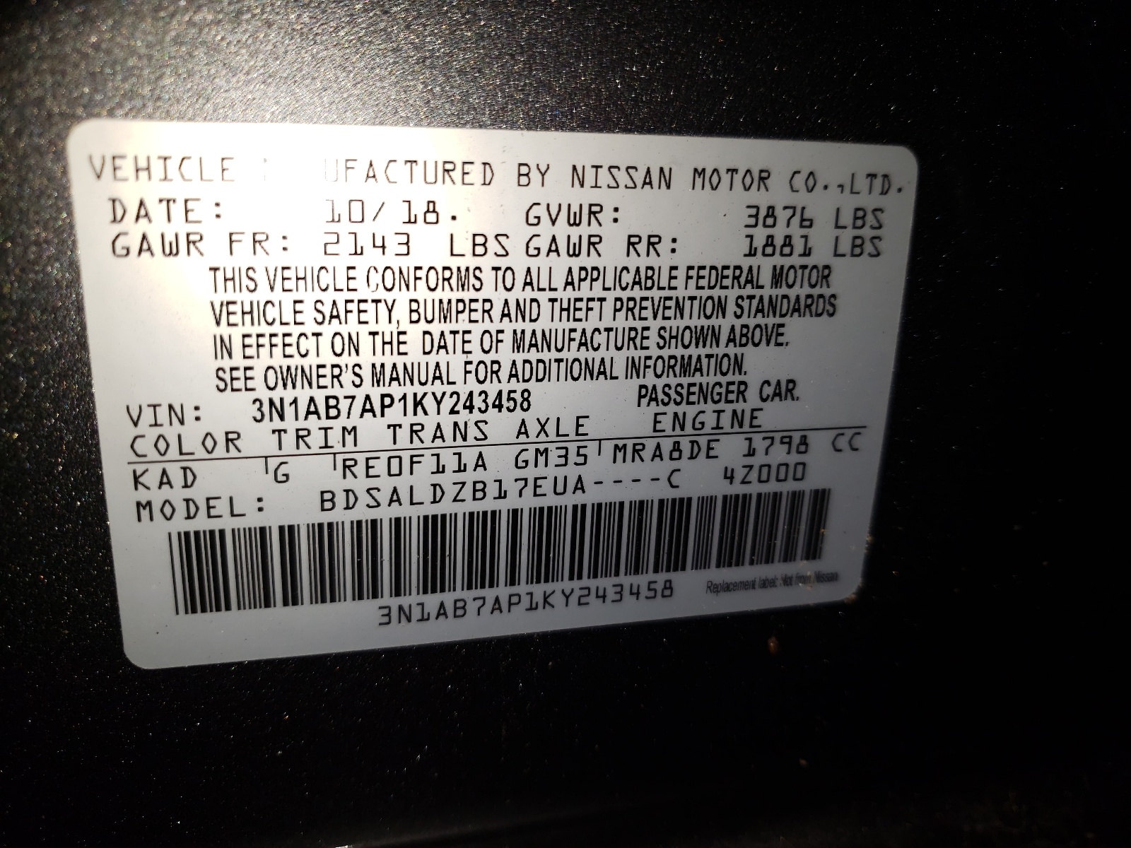 Photo 10 from auction – 2019 NISSAN SENTRA S with VIN 3N1AB7AP1KY243458