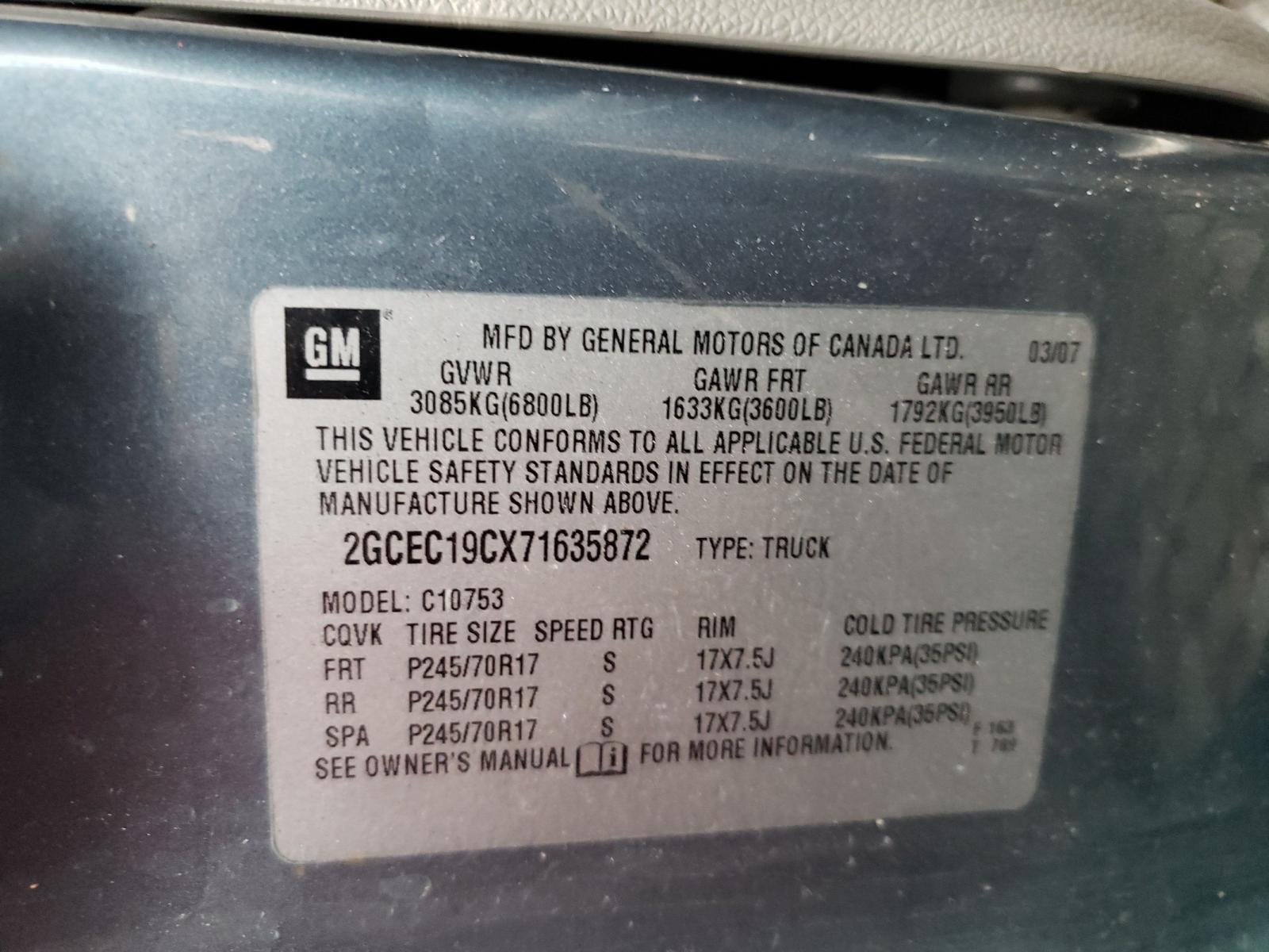 Photo 10 from auction – 2007 CHEVROLET SILVERADO with VIN 2GCEC19CX71635872
