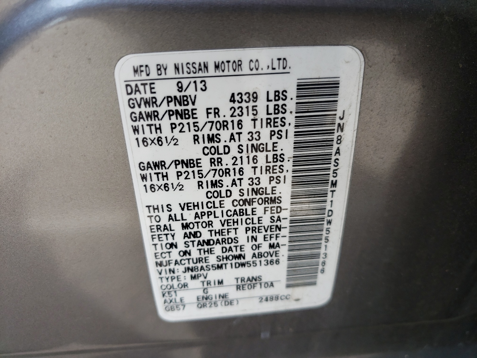 Photo 10 from auction – 2013 NISSAN ROGUE S with VIN JN8AS5MT1DW551366