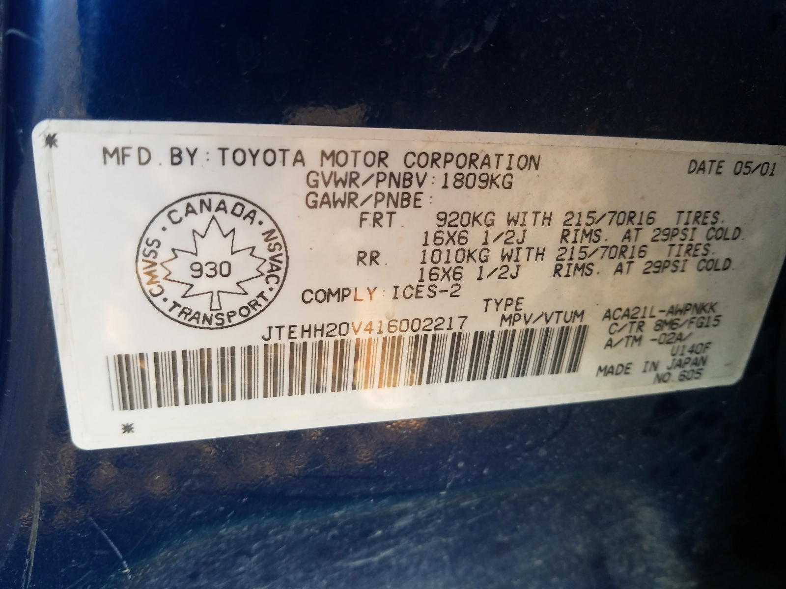 Photo 10 from auction – 2001 TOYOTA RAV4 with VIN JTEHH20V416002217
