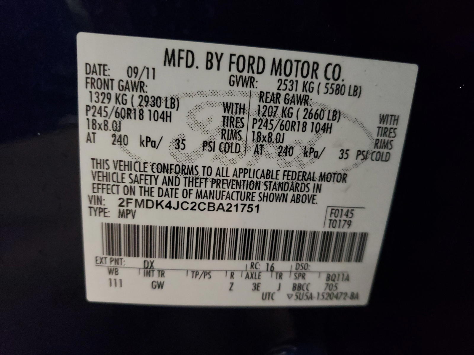 Photo 10 from auction – 2012 FORD EDGE SEL with VIN 2FMDK4JC2CBA21751