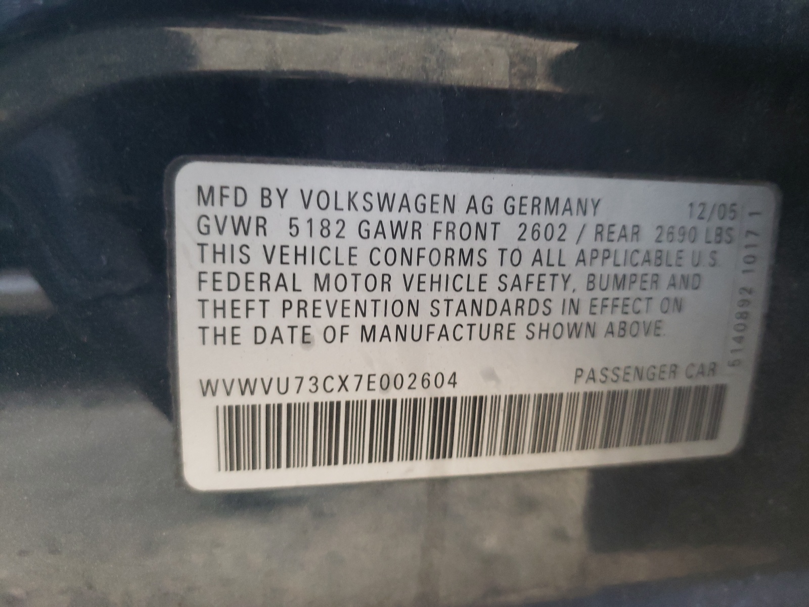 Photo 10 from auction – 2007 VOLKSWAGEN PASSAT 3.6 with VIN WVWVU73CX7E002604