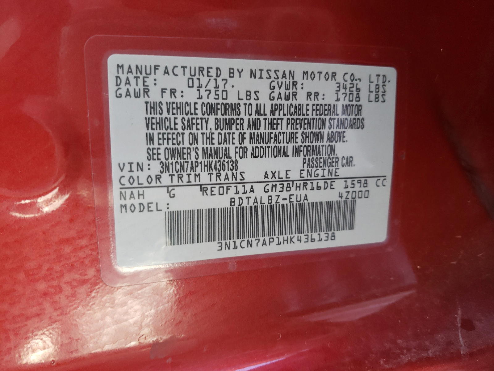 Photo 10 from auction – 2017 NISSAN VERSA S with VIN 3N1CN7AP1HK436138