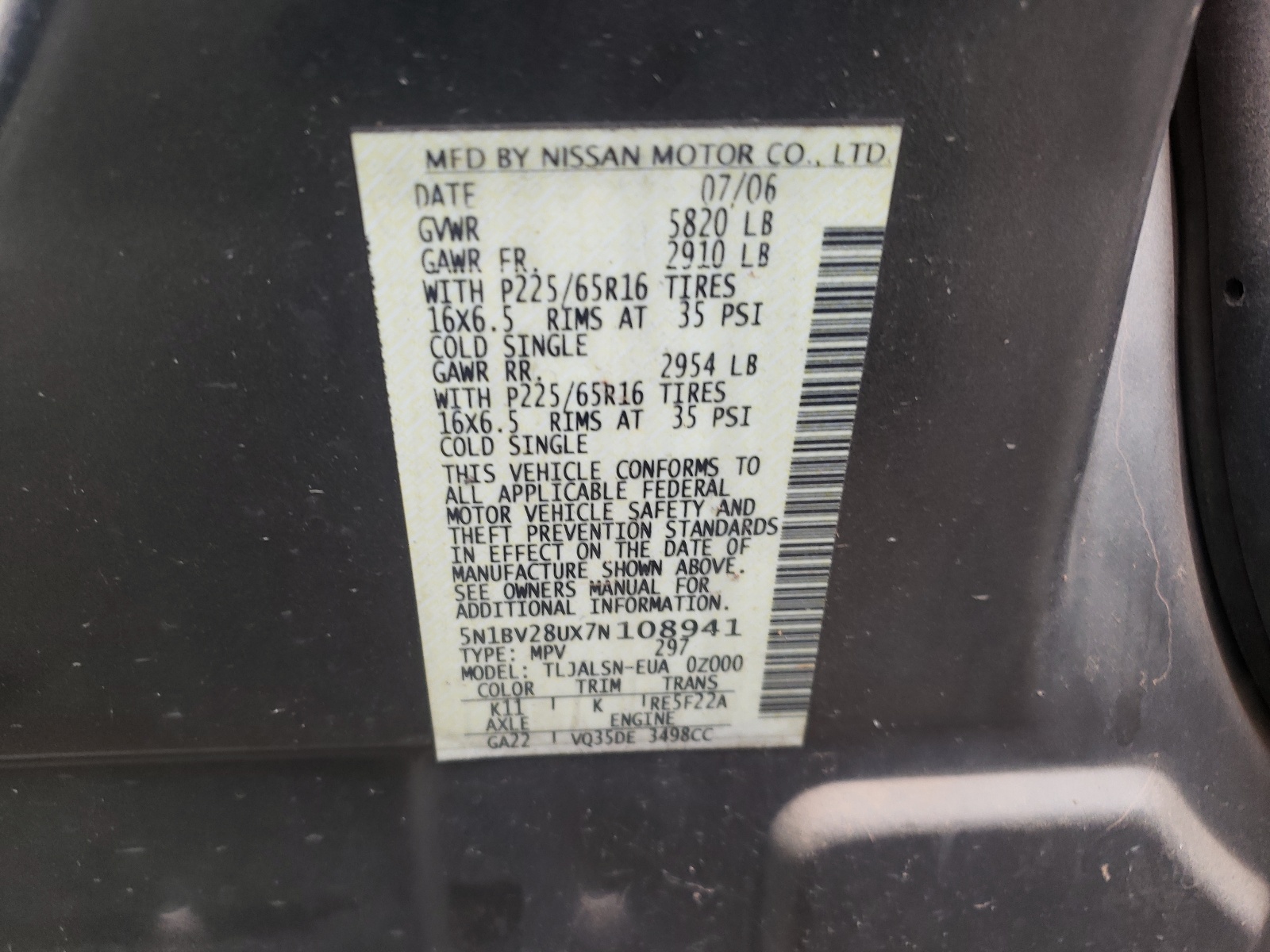 Photo 10 from auction – 2007 NISSAN QUEST S with VIN 5N1BV28UX7N108941