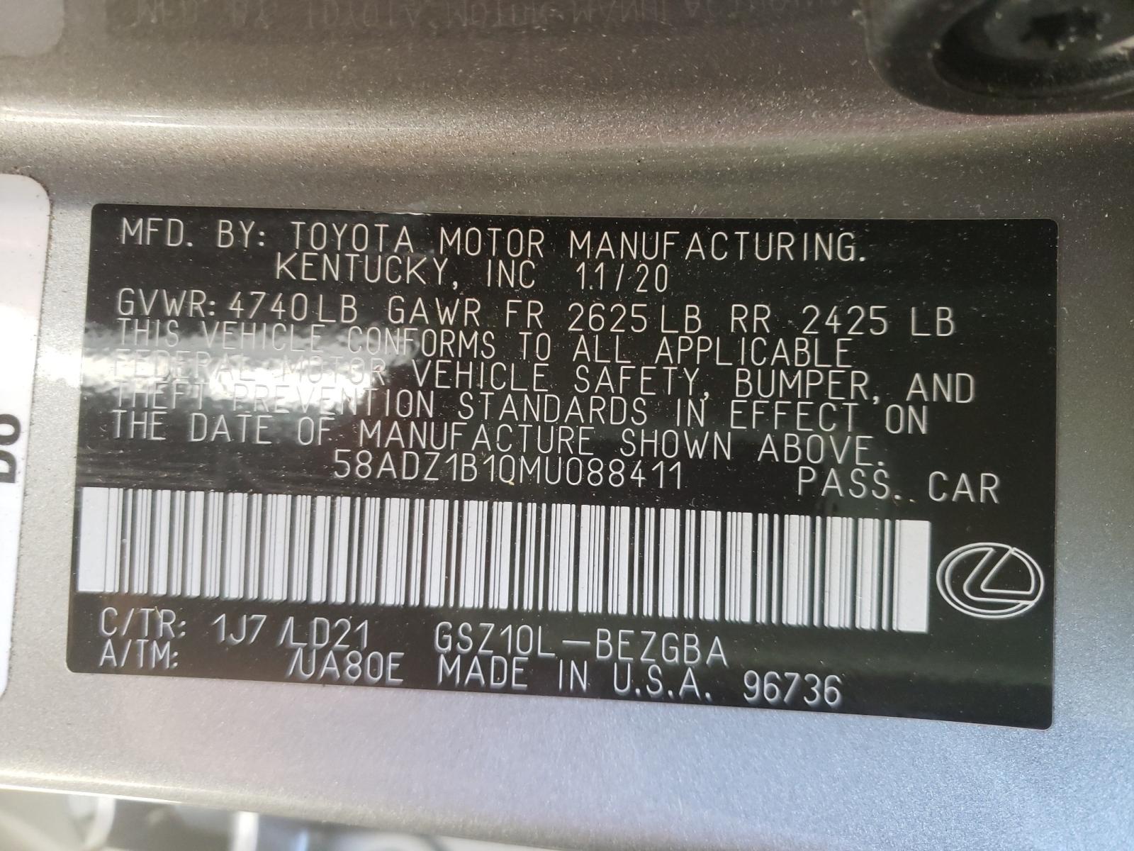 Photo 10 from auction – 2021 LEXUS ES 350 BAS with VIN 58ADZ1B10MU088411