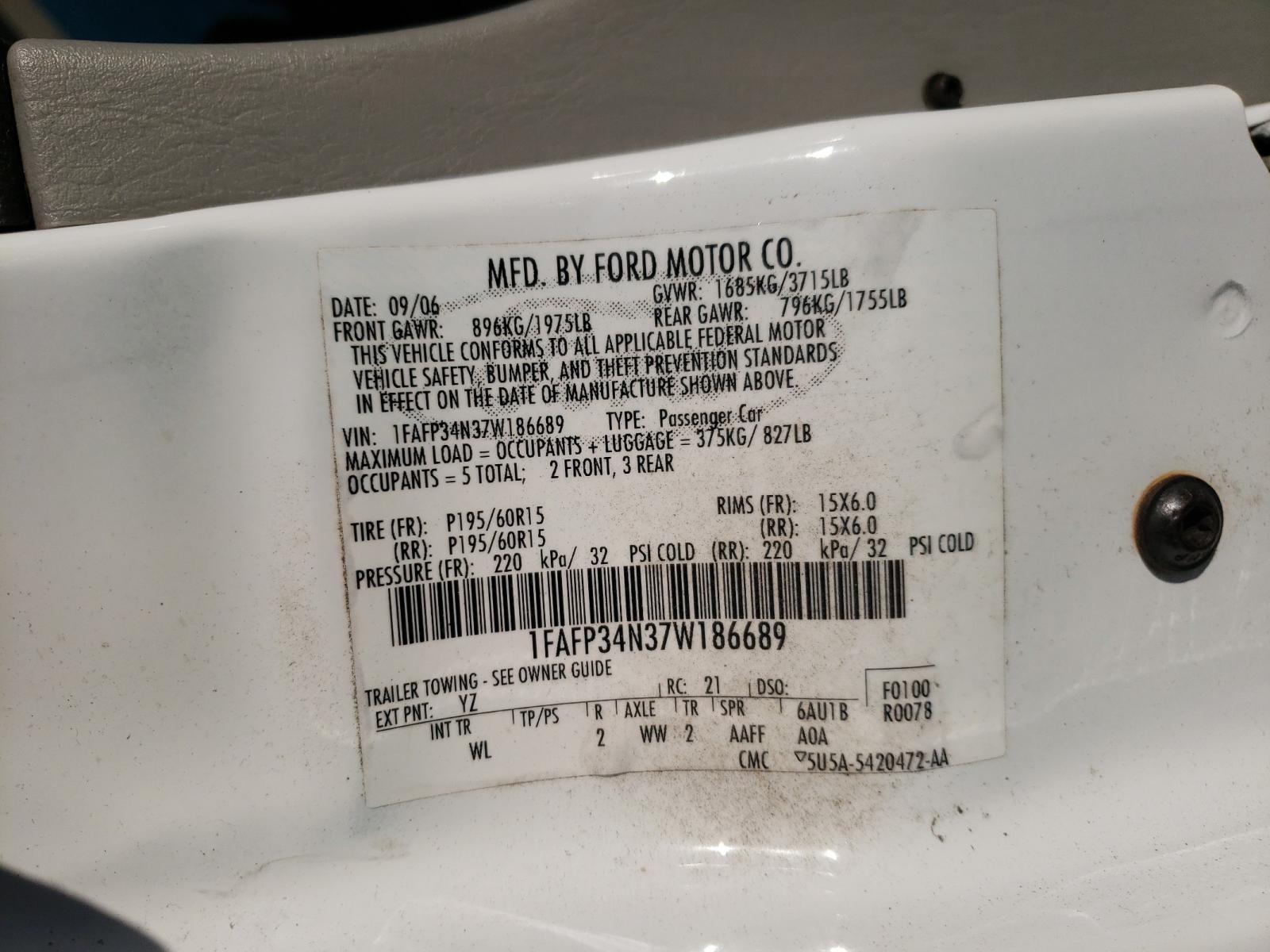 Photo 10 from auction – 2007 FORD FOCUS with VIN 1FAFP34N37W186689