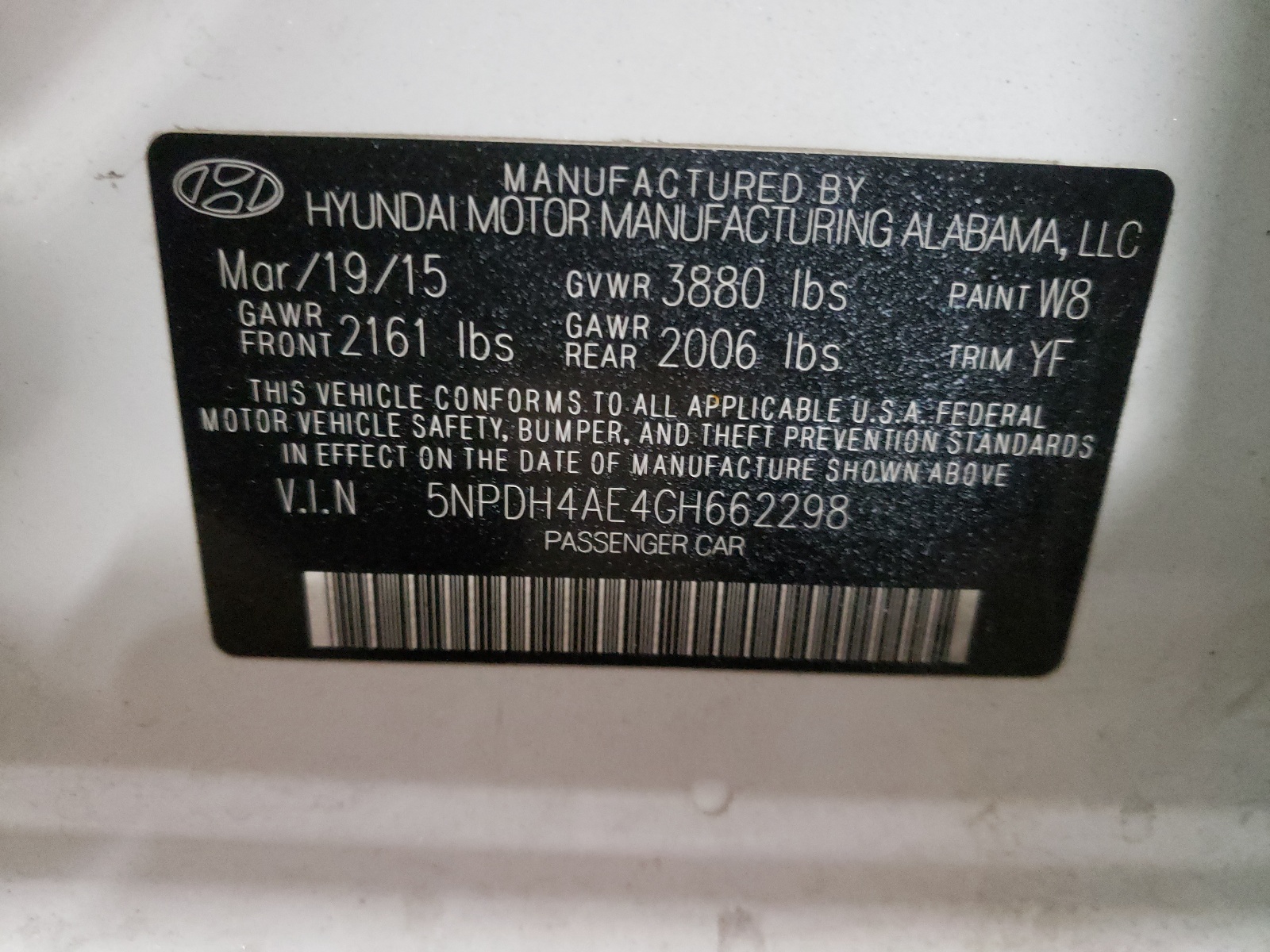 Photo 10 from auction – 2016 HYUNDAI ELANTRA SE with VIN 5NPDH4AE4GH662298