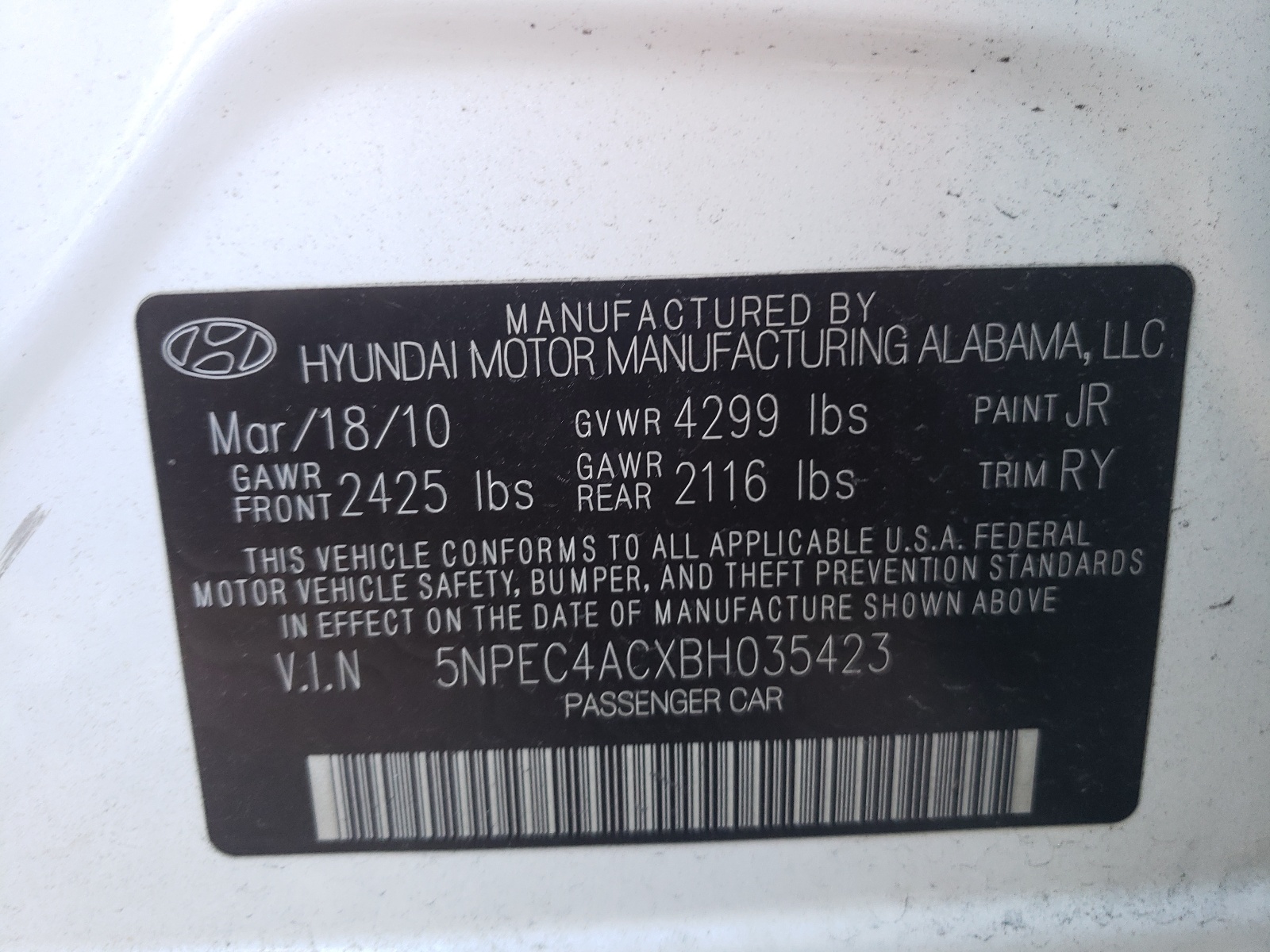 Photo 10 from auction – 2011 HYUNDAI SONATA SE with VIN 5NPEC4ACXBH035423
