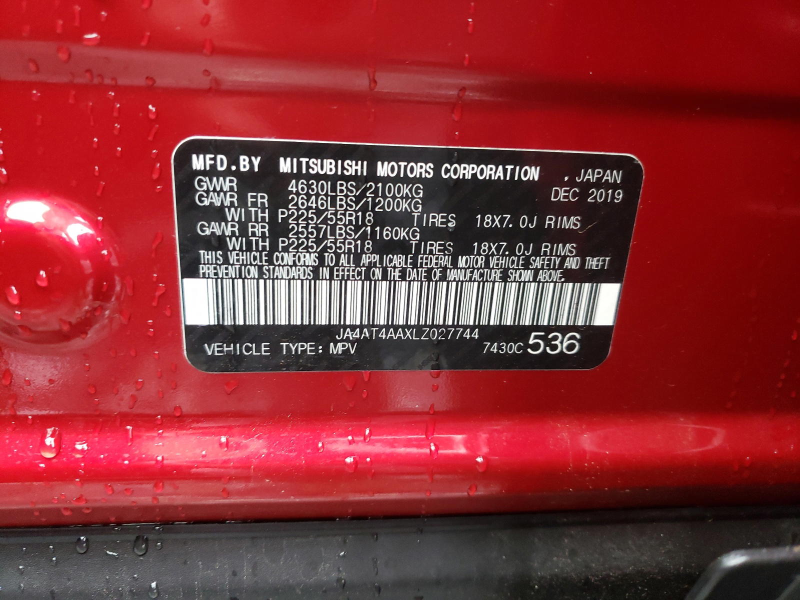 Photo 10 from auction – 2020 MITSUBISHI ECLIPSE CR with VIN JA4AT4AAXLZ027744