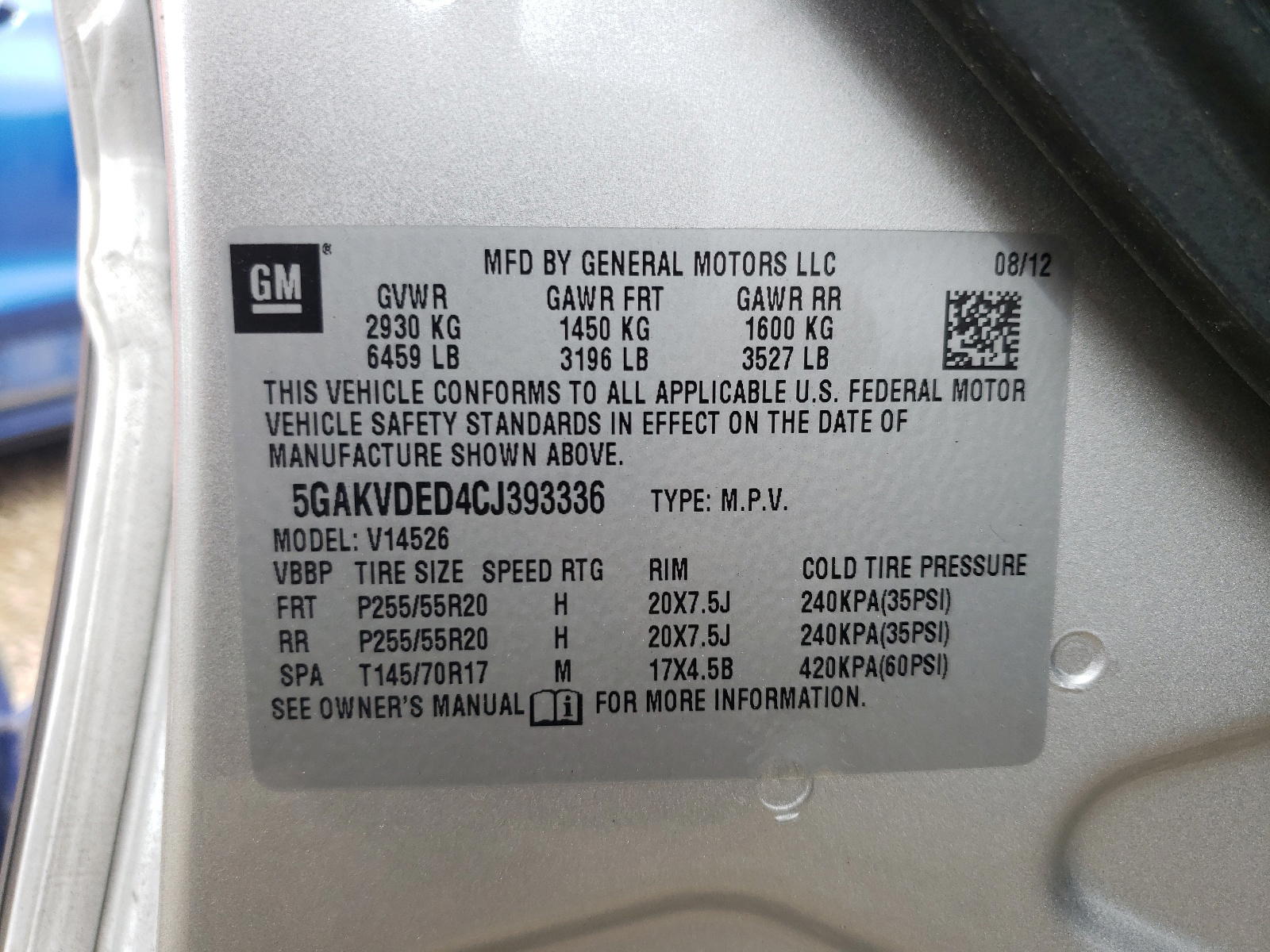 Photo 10 from auction – 2012 BUICK ENCLAVE with VIN 5GAKVDED4CJ393336