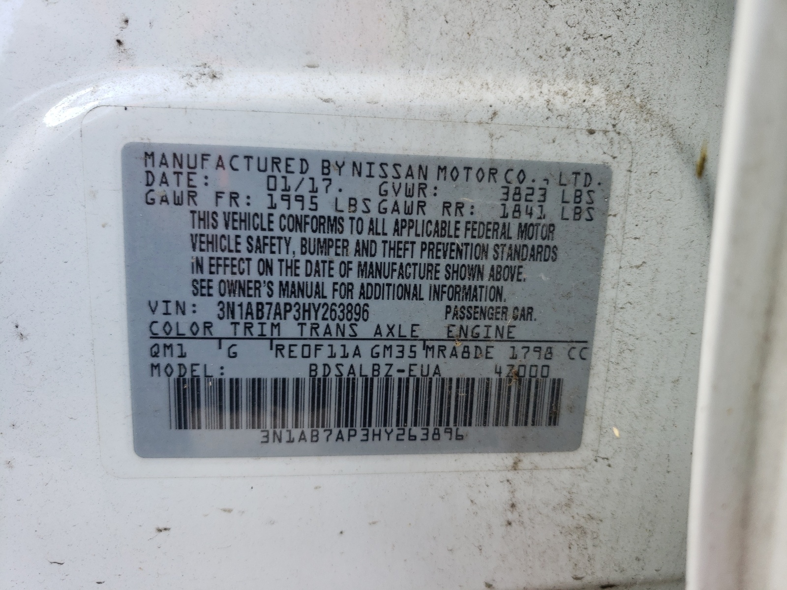 Photo 10 from auction – 2017 NISSAN SENTRA S with VIN 3N1AB7AP3HY263896