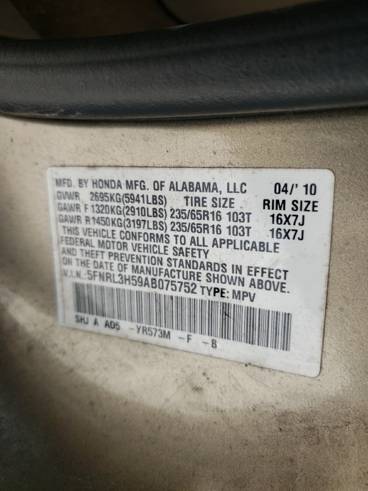 Photo 10 from auction – 2010 HONDA ODYSSEY EX with VIN 5FNRL3H59AB075752