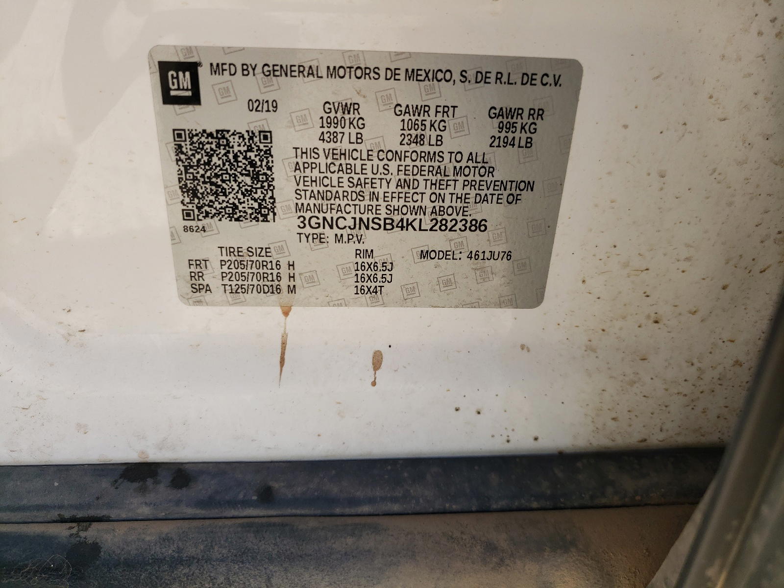 Photo 10 from auction – 2019 CHEVROLET TRAX LS with VIN 3GNCJNSB4KL282386