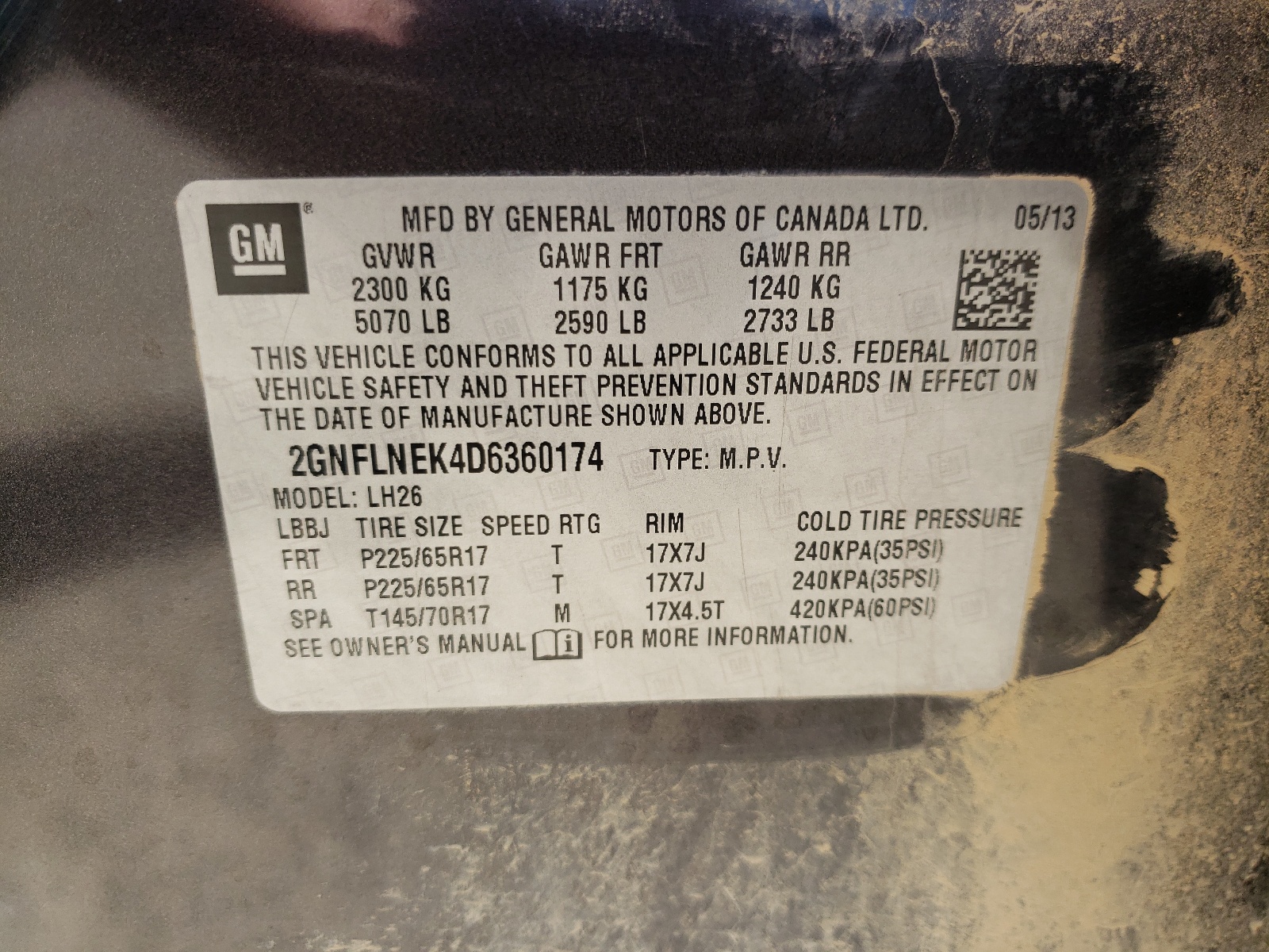 Photo 10 from auction – 2013 CHEVROLET EQUINOX LT with VIN 2GNFLNEK4D6360174