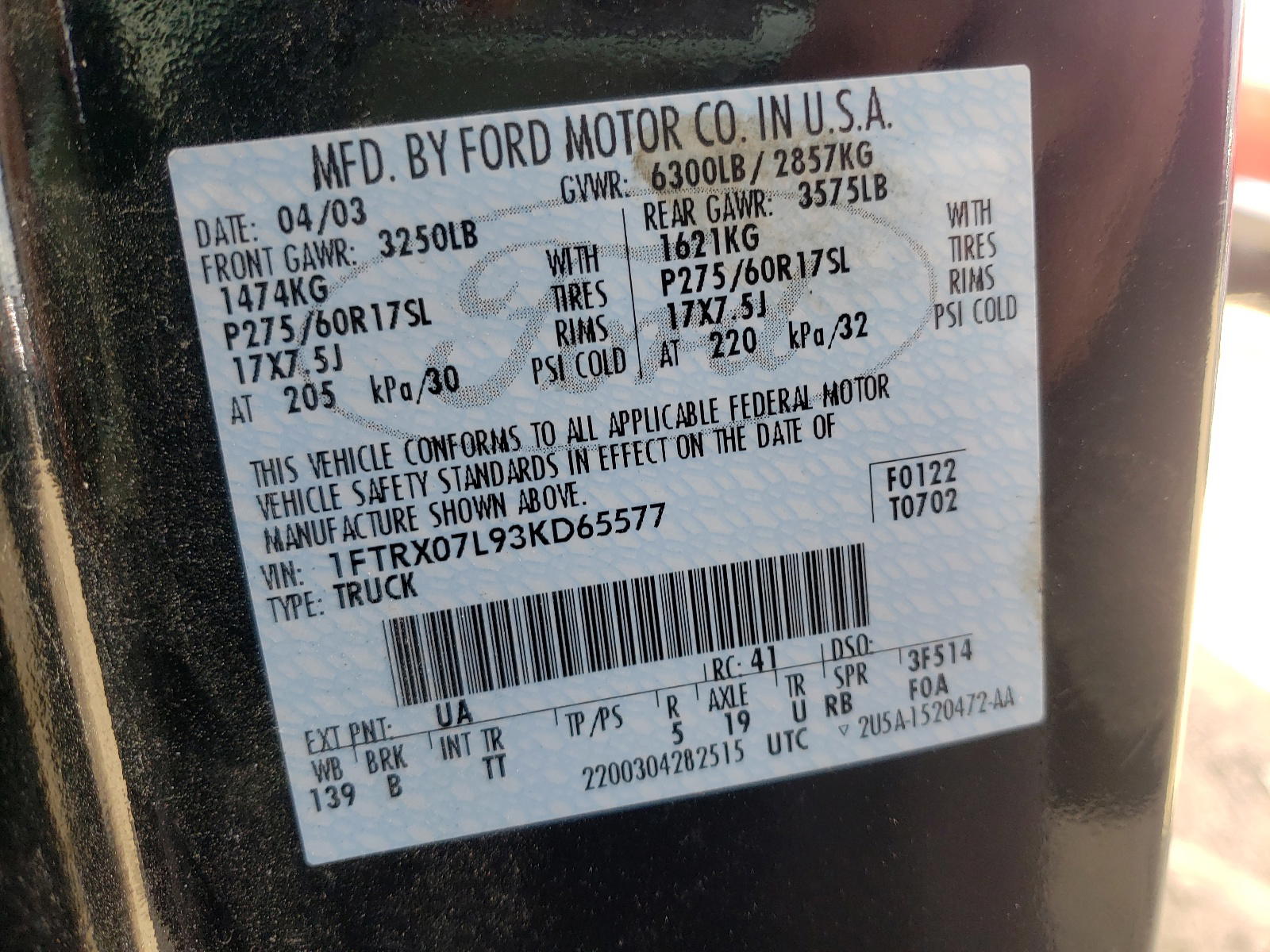 Photo 10 from auction – 2003 FORD F150 with VIN 1FTRX07L93KD65577