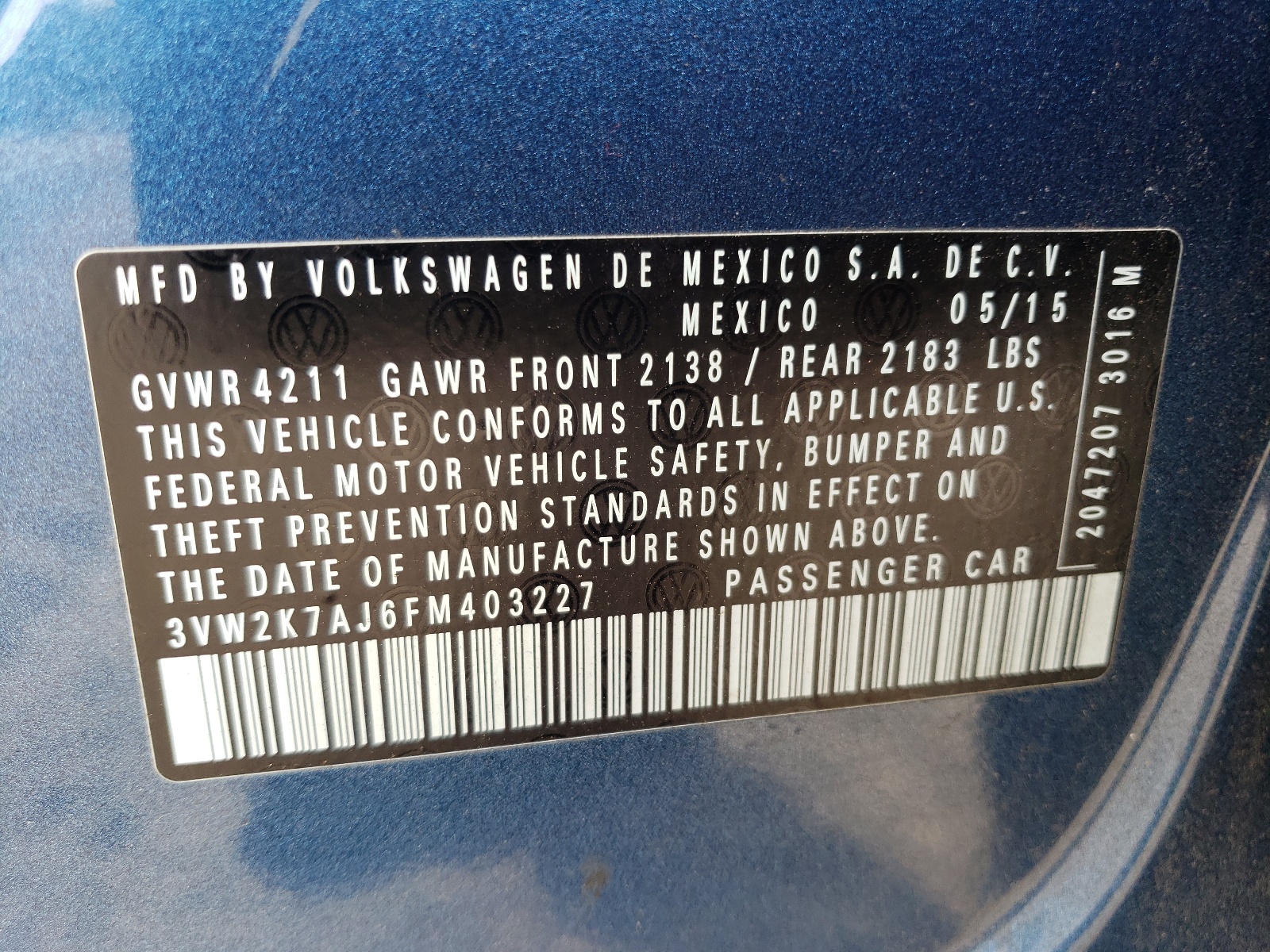 Photo 10 from auction – 2015 VOLKSWAGEN JETTA BASE with VIN 3VW2K7AJ6FM403227