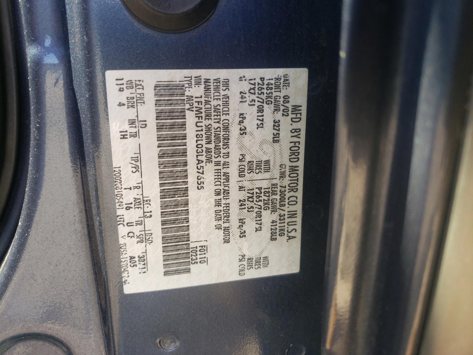 Photo 10 from auction – 2003 FORD EXPEDITION with VIN 1FMFU18L03LA57655