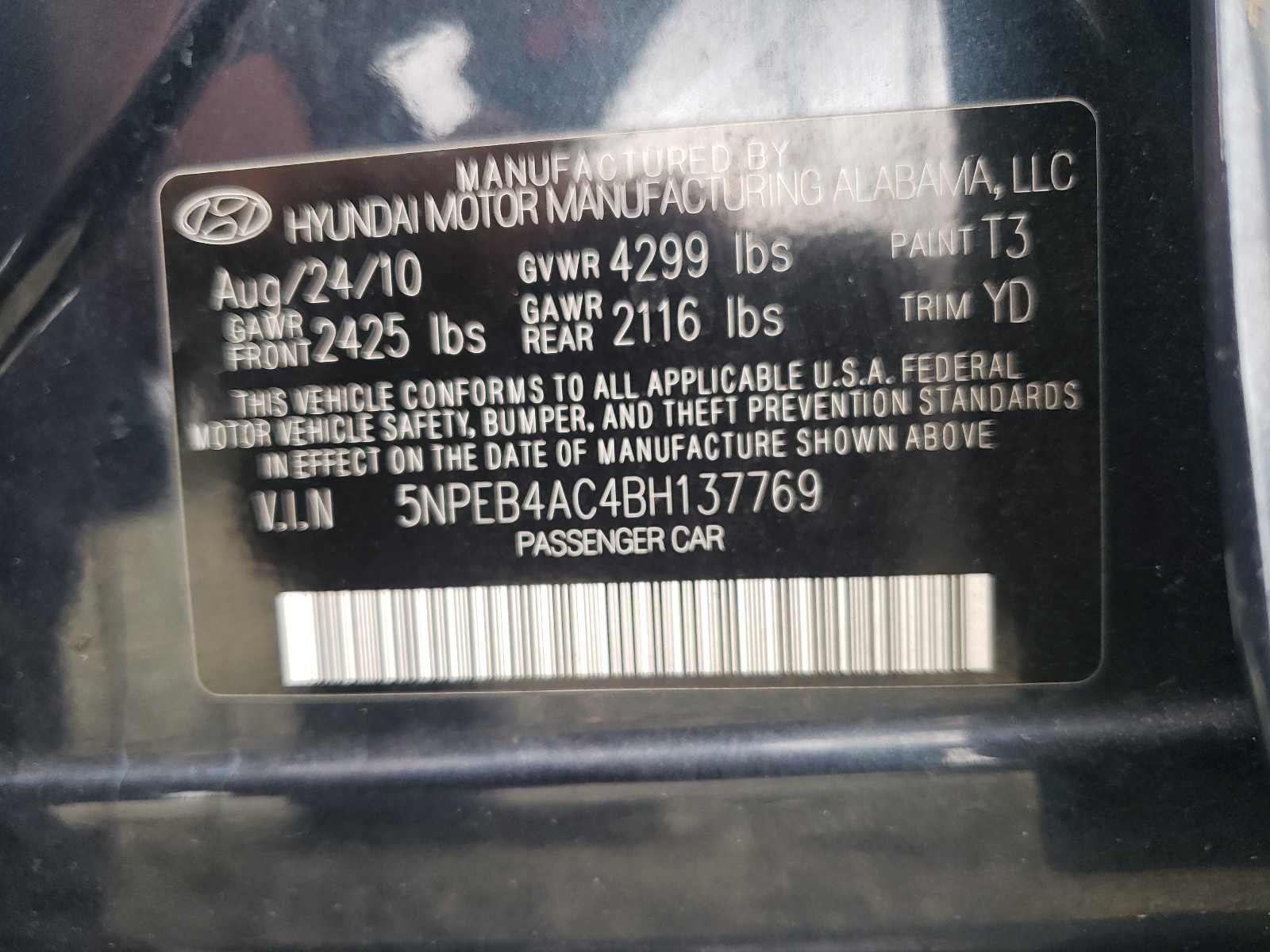Photo 10 from auction – 2011 HYUNDAI SONATA GLS with VIN 5NPEB4AC4BH137769