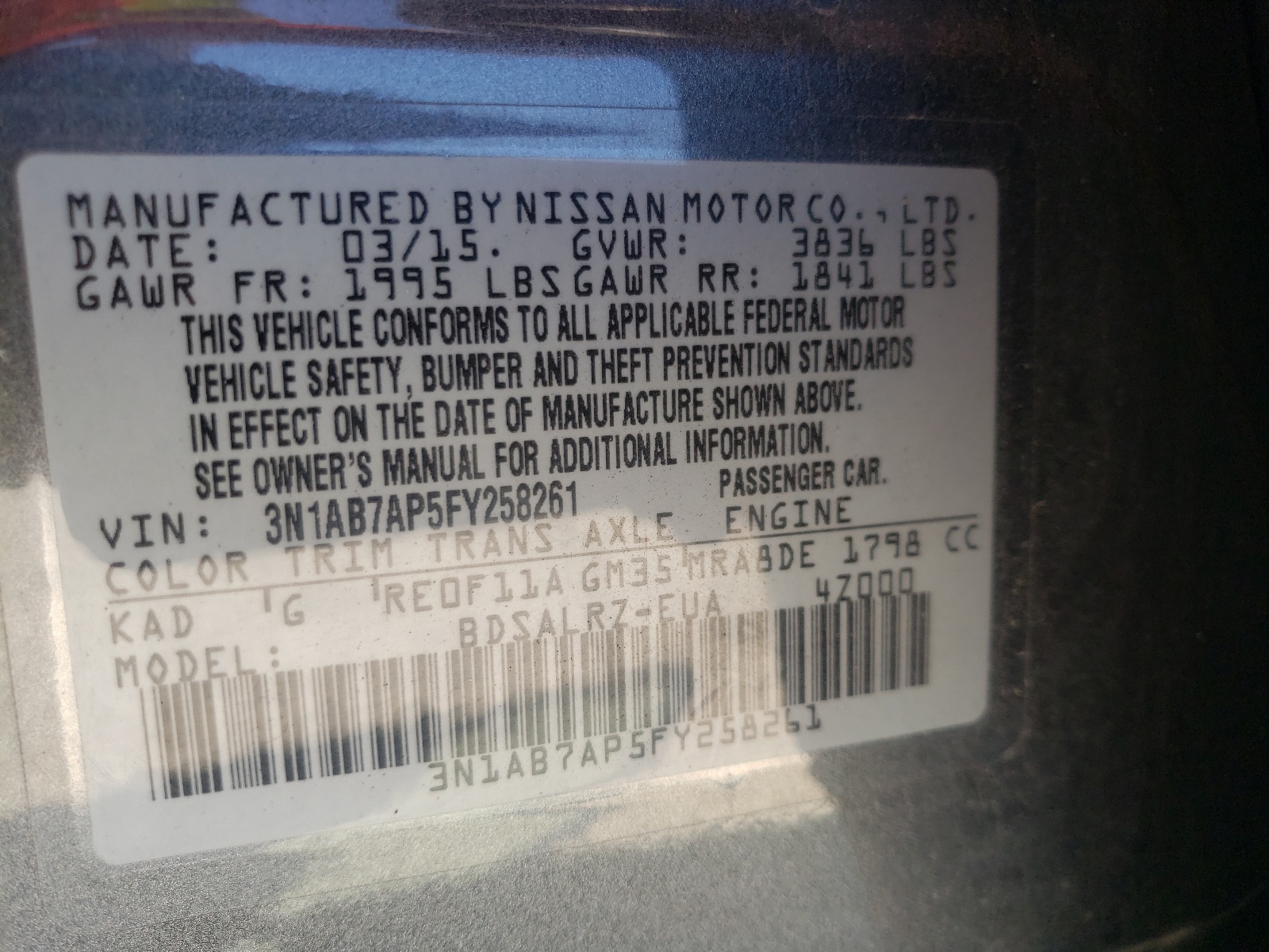 Photo 10 from auction – 2015 NISSAN SENTRA S with VIN 3N1AB7AP5FY258261