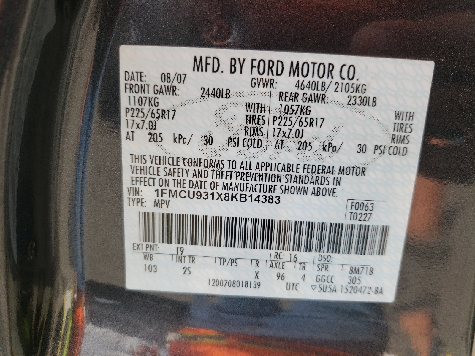 Photo 10 from auction – 2008 FORD ESCAPE XLT with VIN 1FMCU931X8KB14383