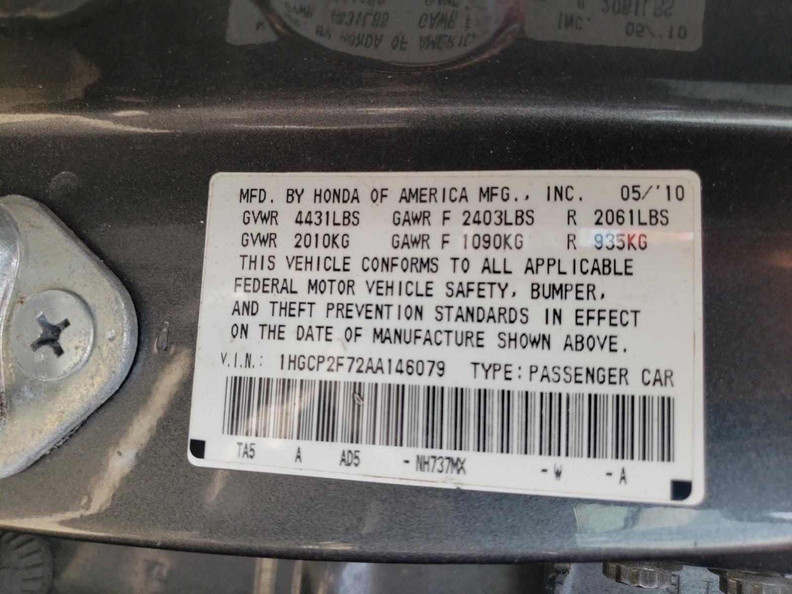 Photo 10 from auction – 2010 HONDA ACCORD EX with VIN 1HGCP2F72AA146079