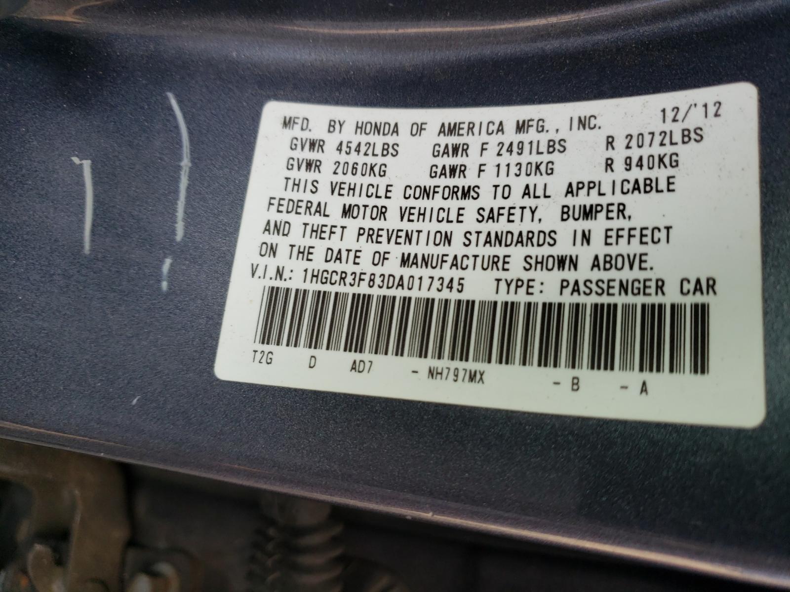 Photo 10 from auction – 2013 HONDA ACCORD with VIN 1HGCR3F83DA017345