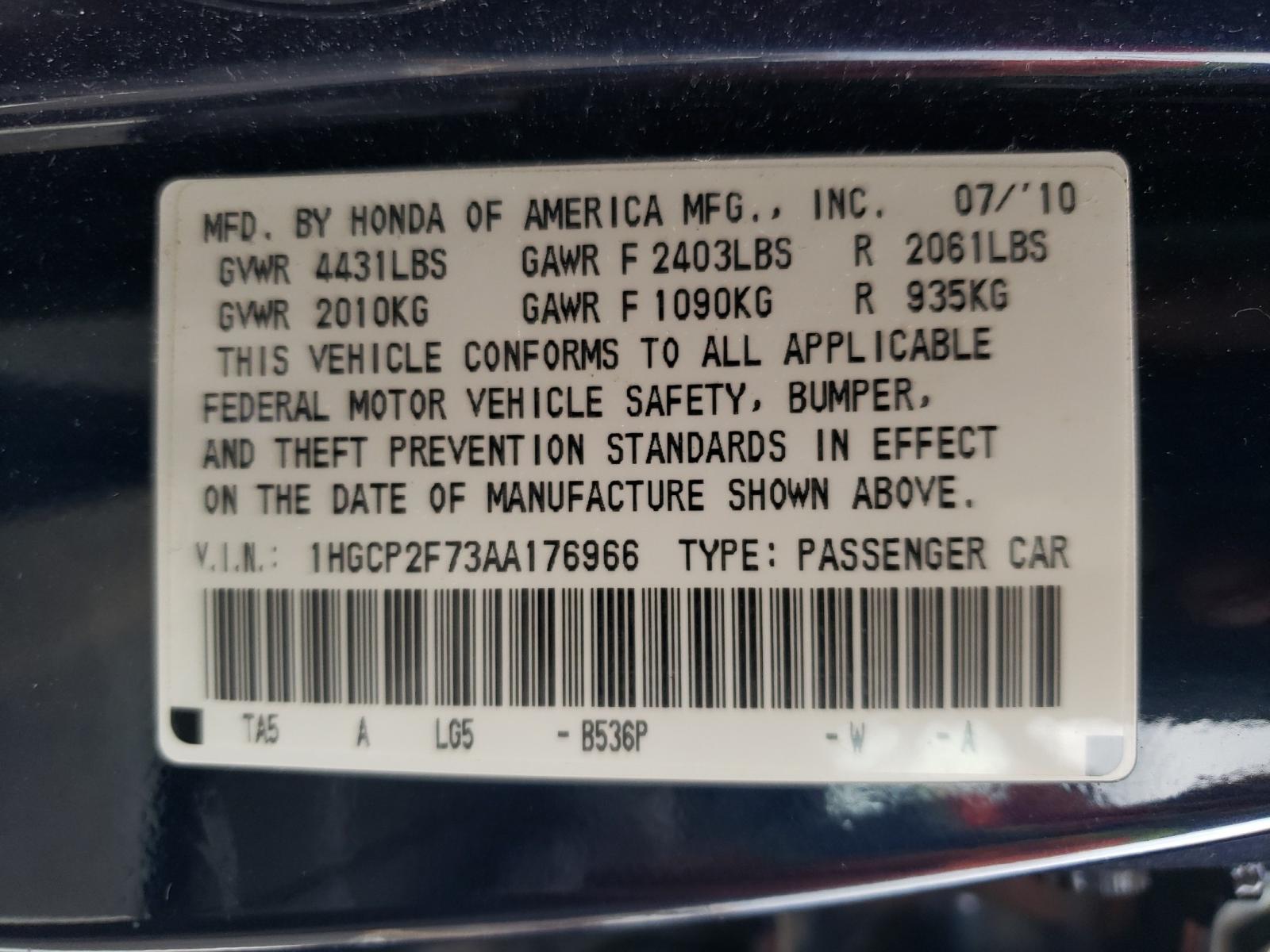 Photo 10 from auction – 2010 HONDA ACCORD EX with VIN 1HGCP2F73AA176966