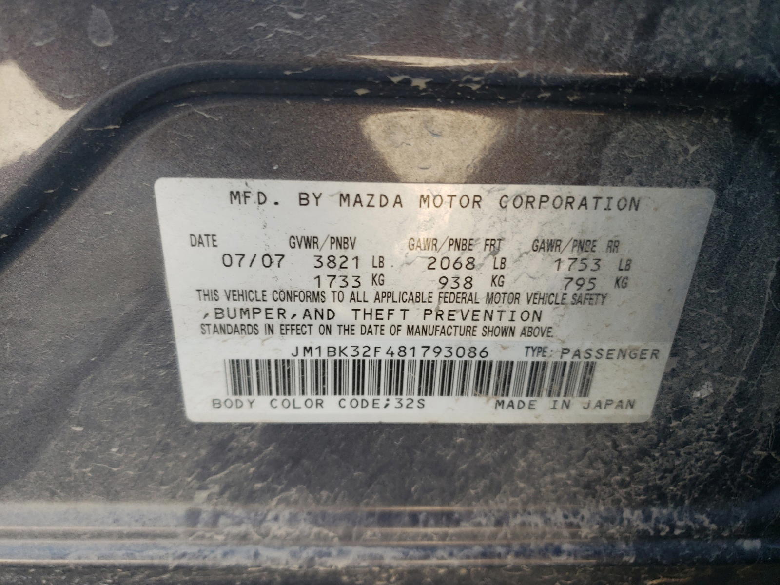 Photo 10 from auction – 2008 MAZDA 3 I with VIN JM1BK32F481793086