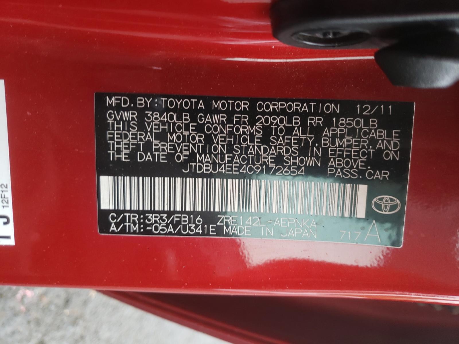 Photo 10 from auction – 2012 TOYOTA COROLLA BA with VIN JTDBU4EE4C9172654