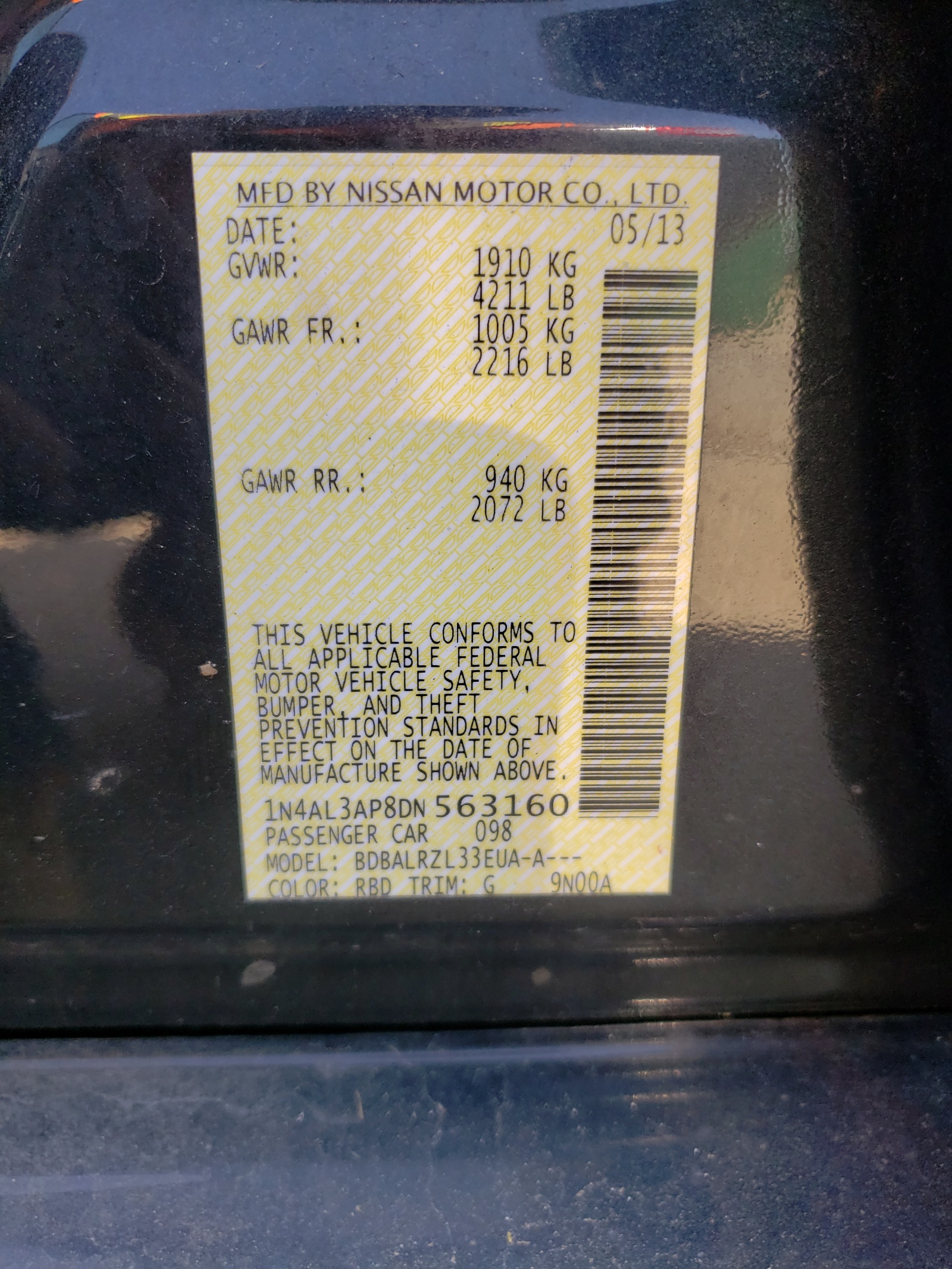 Photo 10 from auction – 2013 NISSAN ALTIMA 2.5 with VIN 1N4AL3AP8DN563160