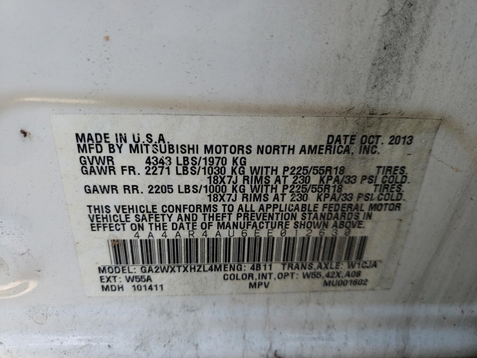 Photo 10 from auction – 2014 MITSUBISHI OUTLANDER with VIN 4A4AR4AU6EE012630