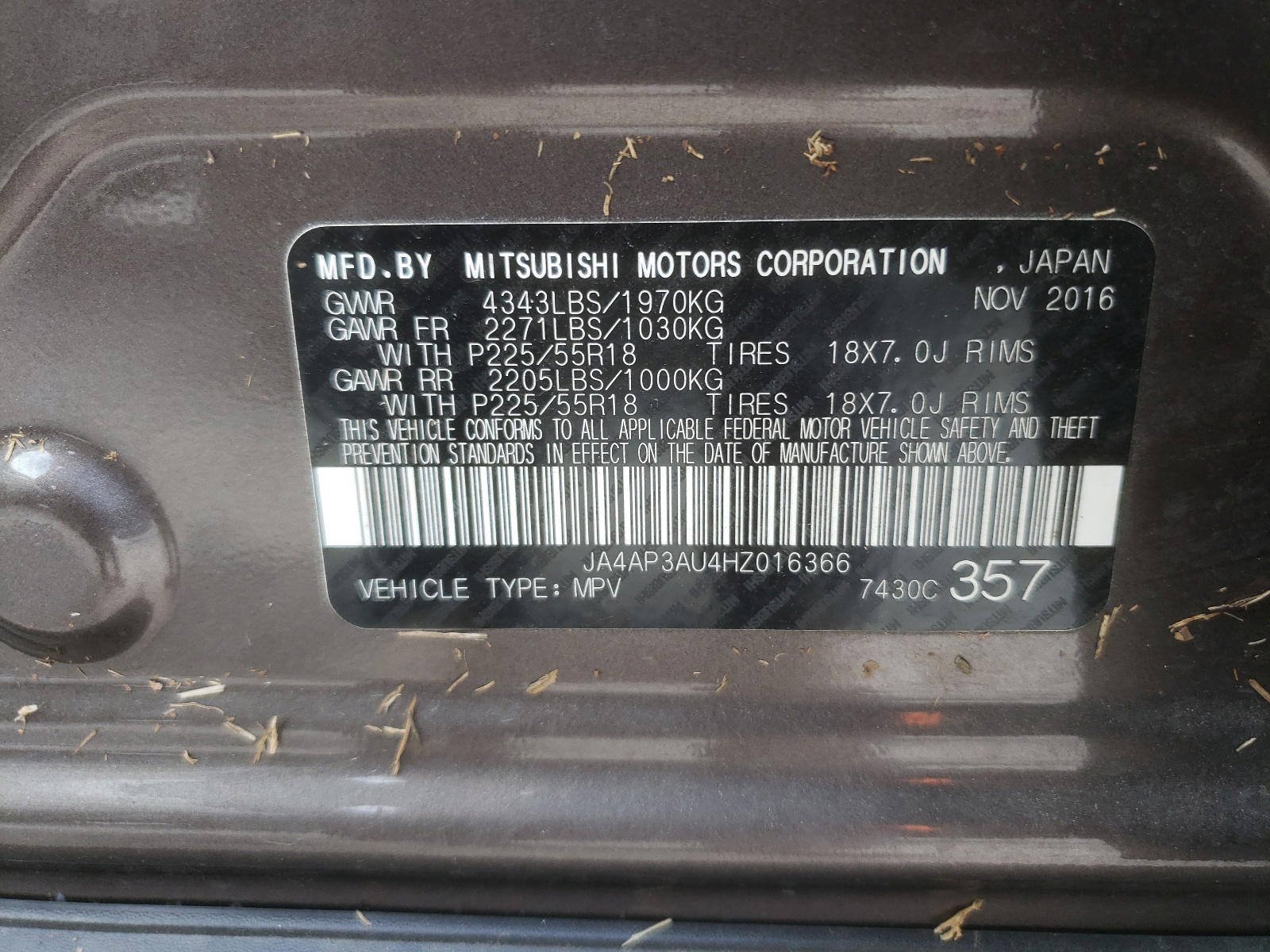 Photo 10 from auction – 2017 MITSUBISHI OUTLANDER with VIN JA4AP3AU4HZ016366