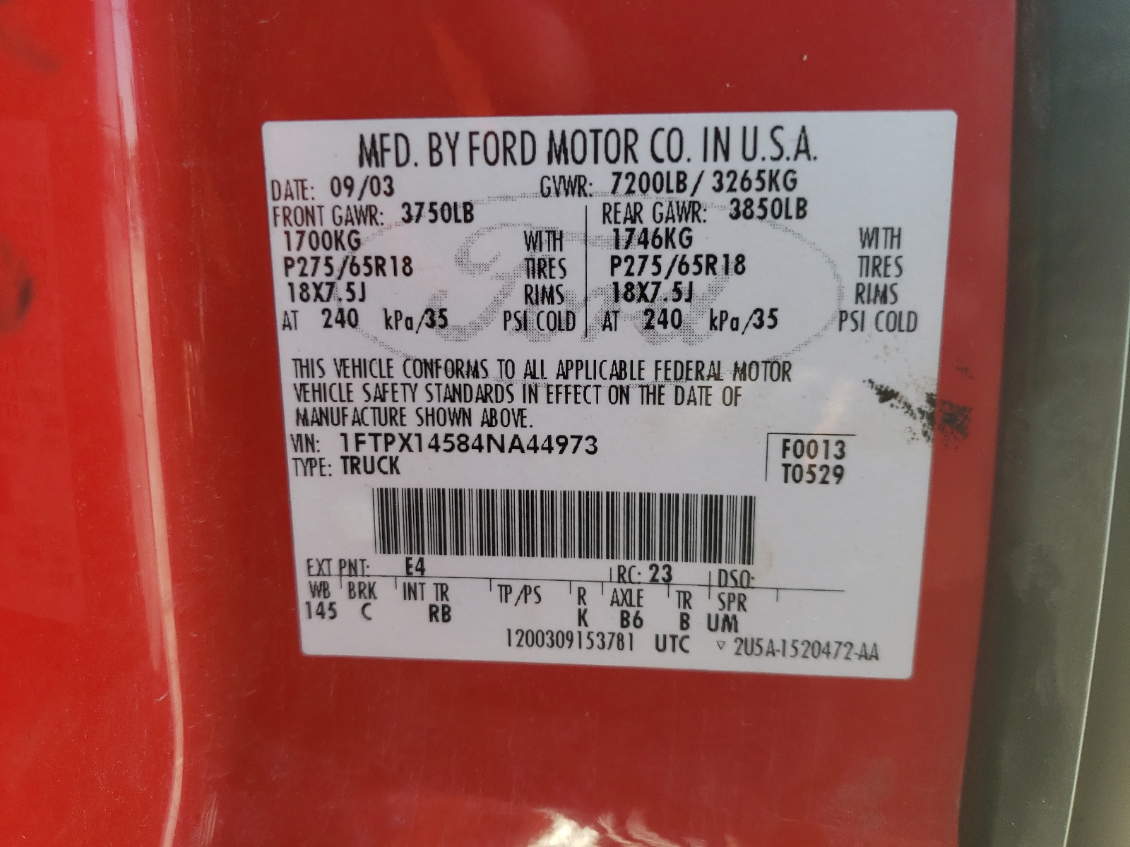 Photo 10 from auction – 2004 FORD F150 with VIN 1FTPX14584NA44973