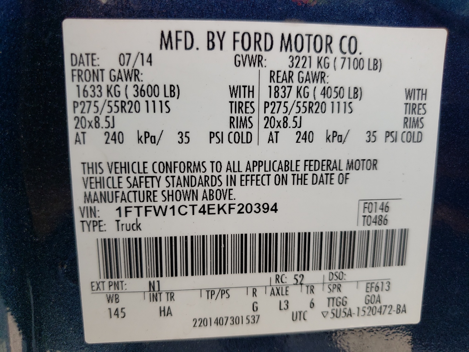 Photo 10 from auction – 2014 FORD F150 SUPER with VIN 1FTFW1CT4EKF20394