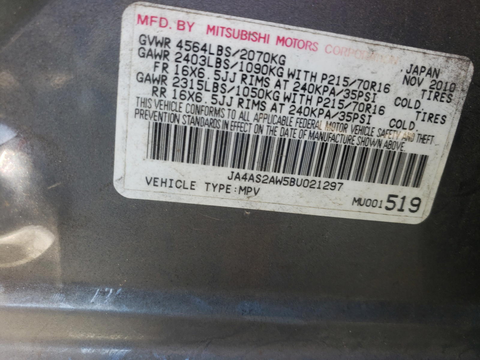 Photo 10 from auction – 2011 MITSUBISHI OUTLANDER with VIN JA4AS2AW5BU021297