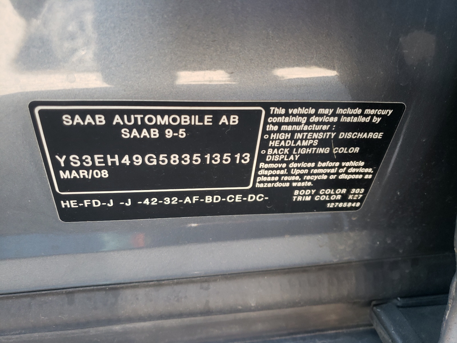 Photo 10 from auction – 2008 SAAB 9-5 AERO with VIN YS3EH49G583513513