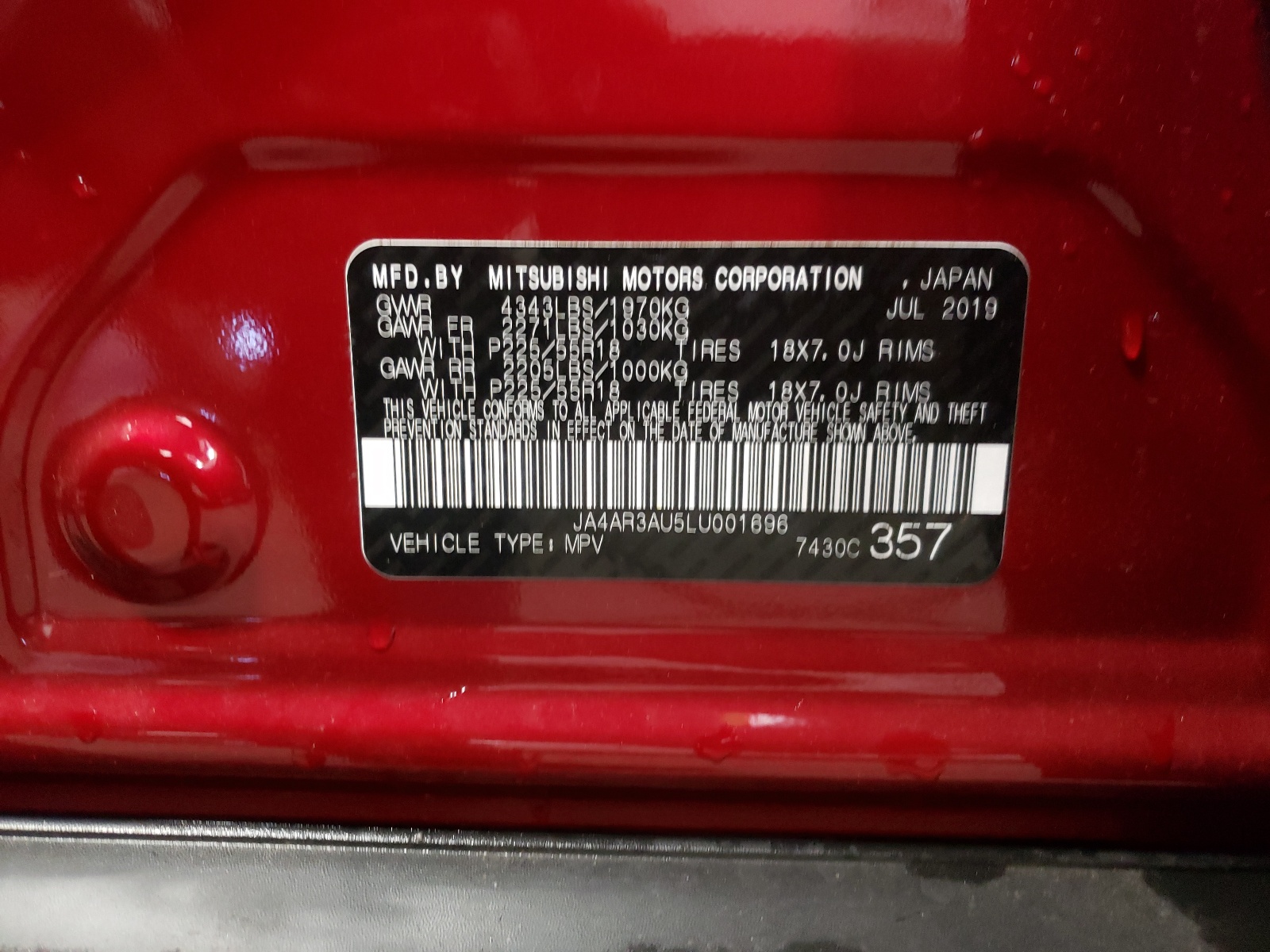 Photo 10 from auction – 2020 MITSUBISHI OUTLANDER with VIN JA4AR3AU5LU001696
