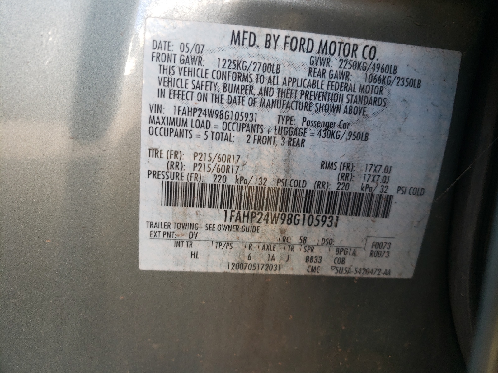 Photo 10 from auction – 2008 FORD TAURUS SEL with VIN 1FAHP24W98G105931