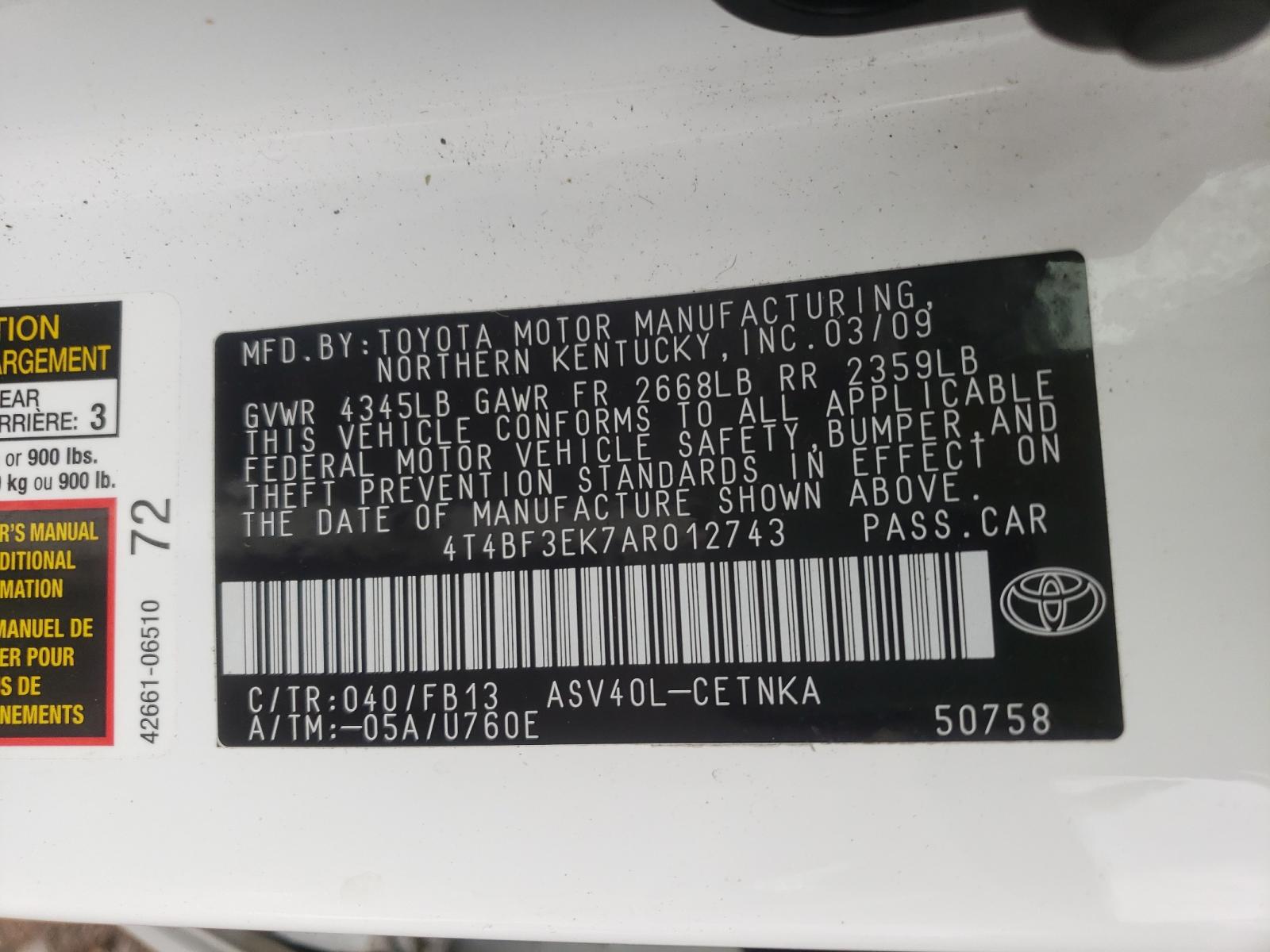Photo 10 from auction – 2010 TOYOTA CAMRY BASE with VIN 4T4BF3EK7AR012743