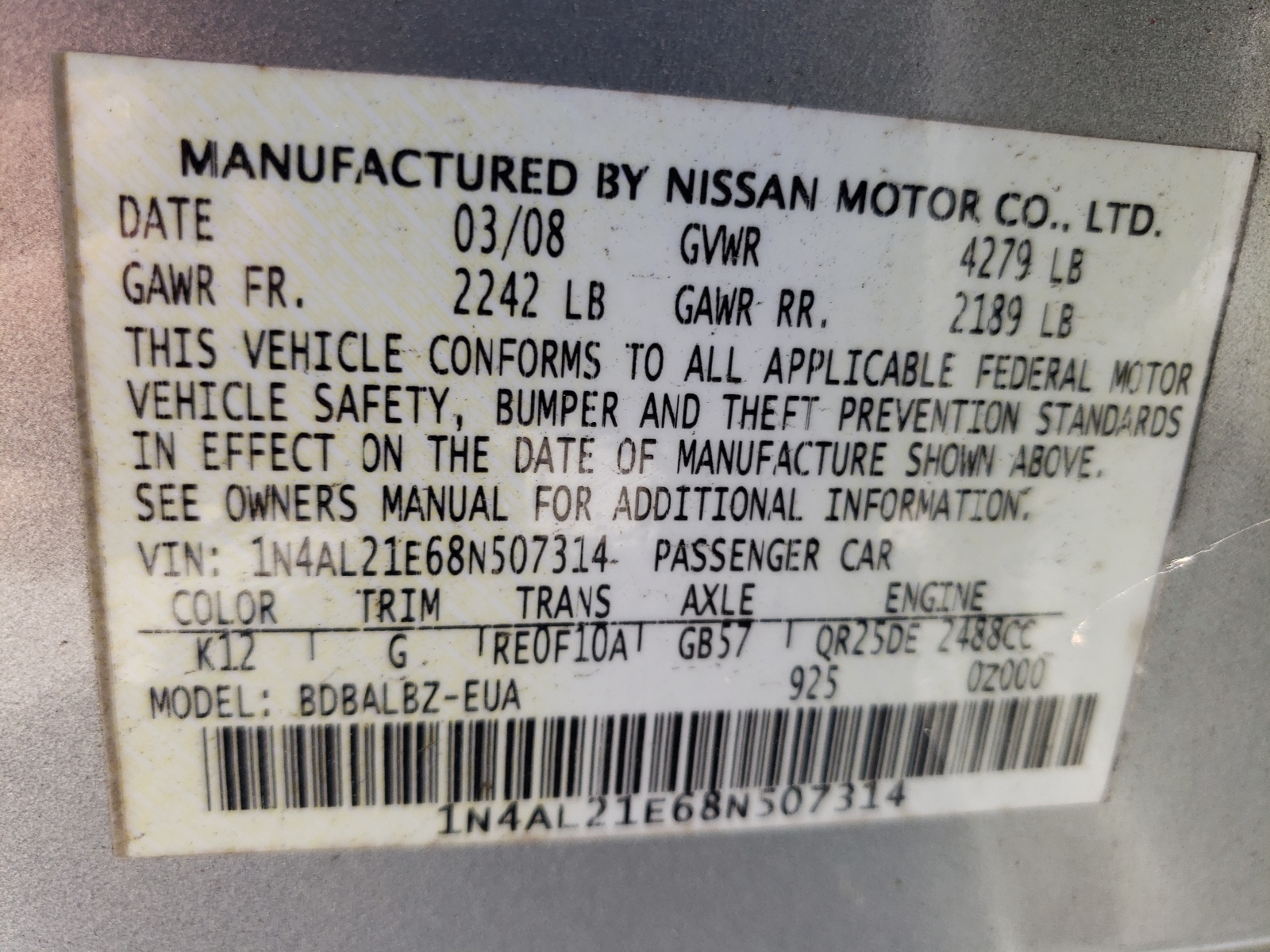 Photo 10 from auction – 2008 NISSAN ALTIMA with VIN 1N4AL21E68N507314