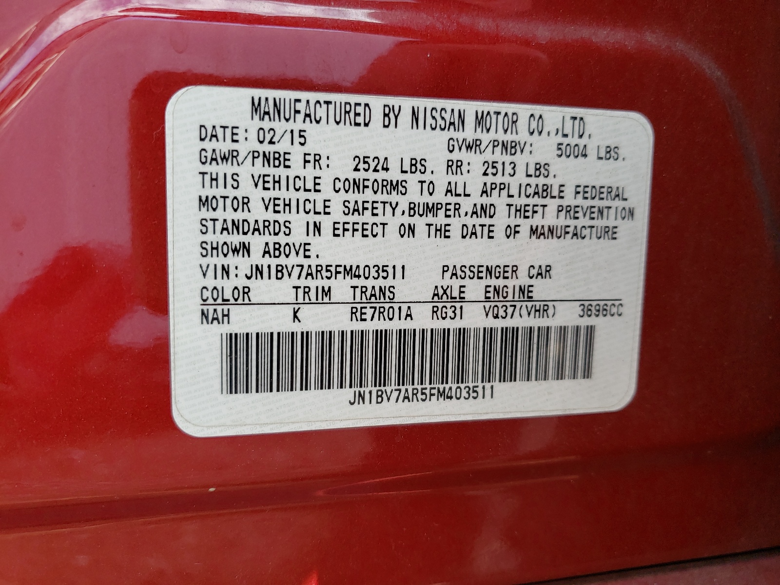 Photo 10 from auction – 2015 INFINITI Q50 BASE with VIN JN1BV7AR5FM403511